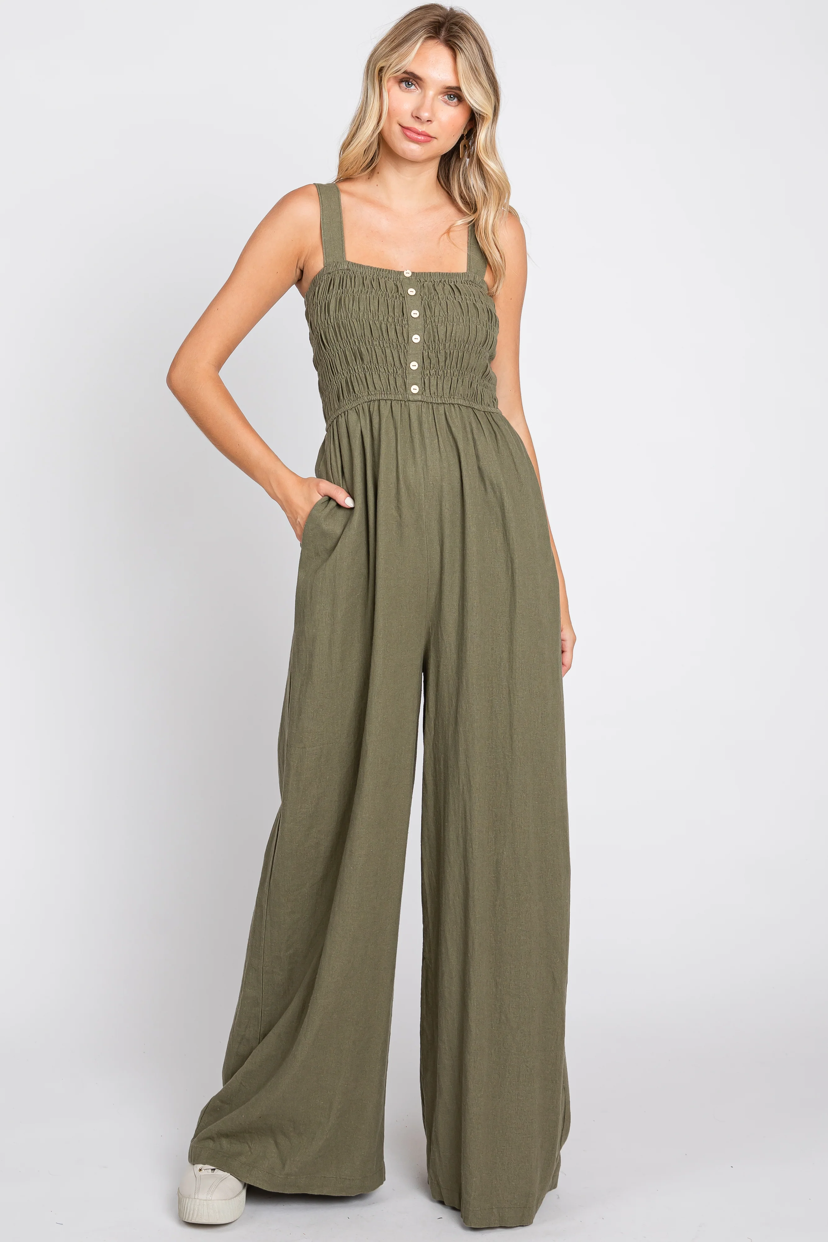 Olive Smocked Button Accent Linen Maternity Jumpsuit - Image 6