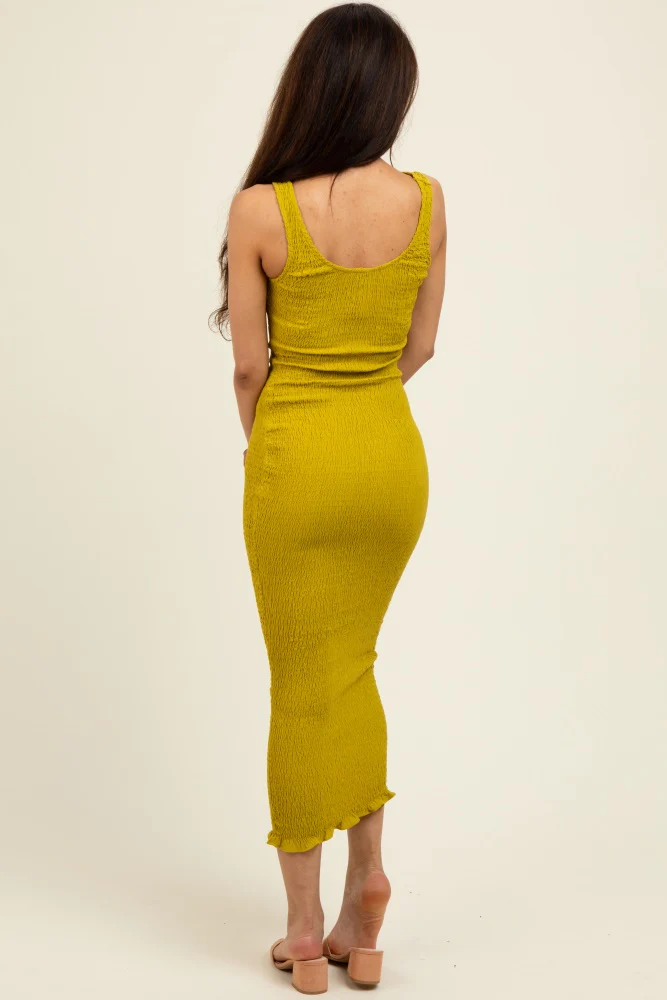 Olive Smocked Sleeveless Ruffle Hem Fitted Dress - Image 4