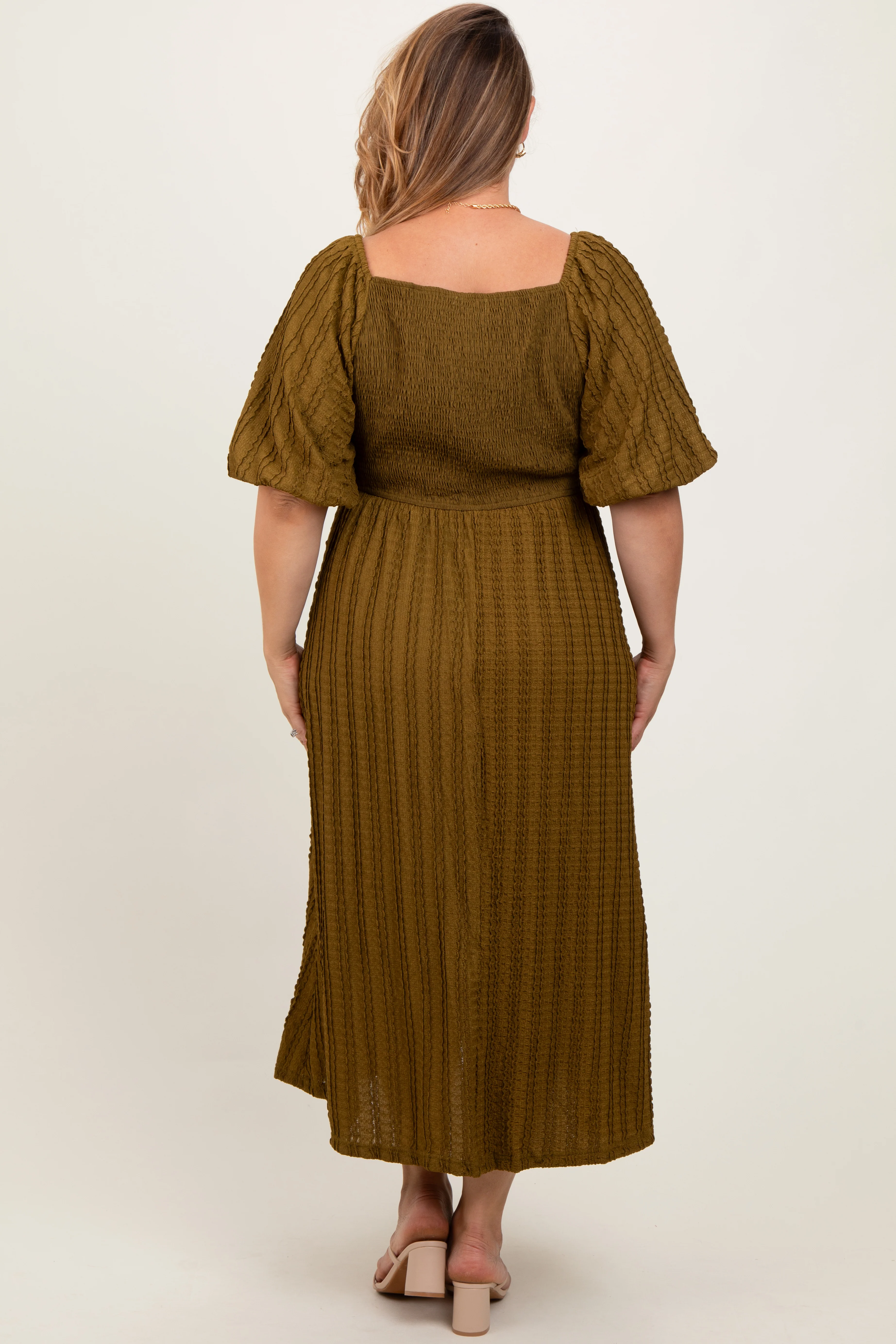 Olive Smocked V-Neck Short Puff Sleeve Textured Maternity Plus Midi Dress - Image 4