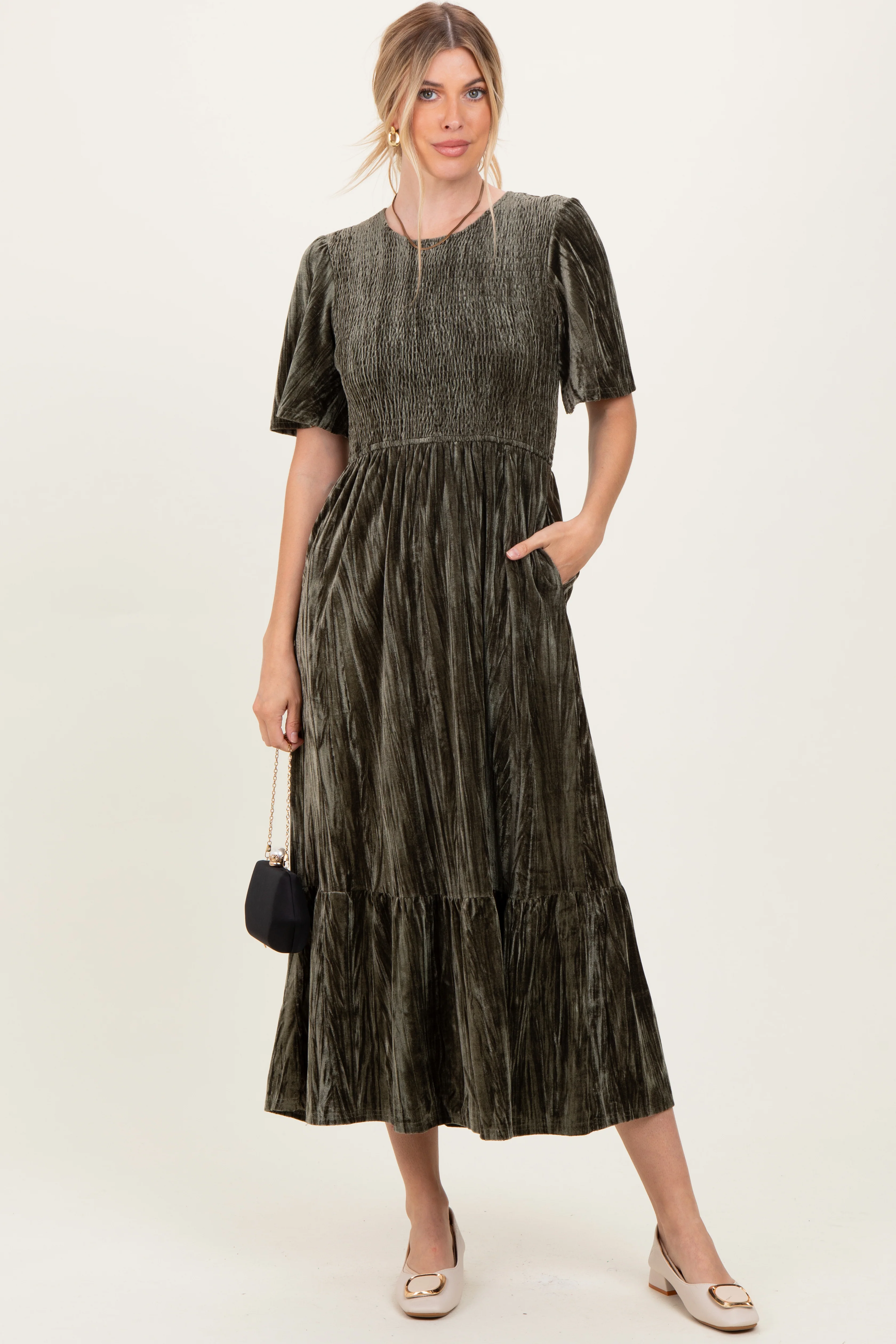 Olive Smocked Velvet MIdi Dress
