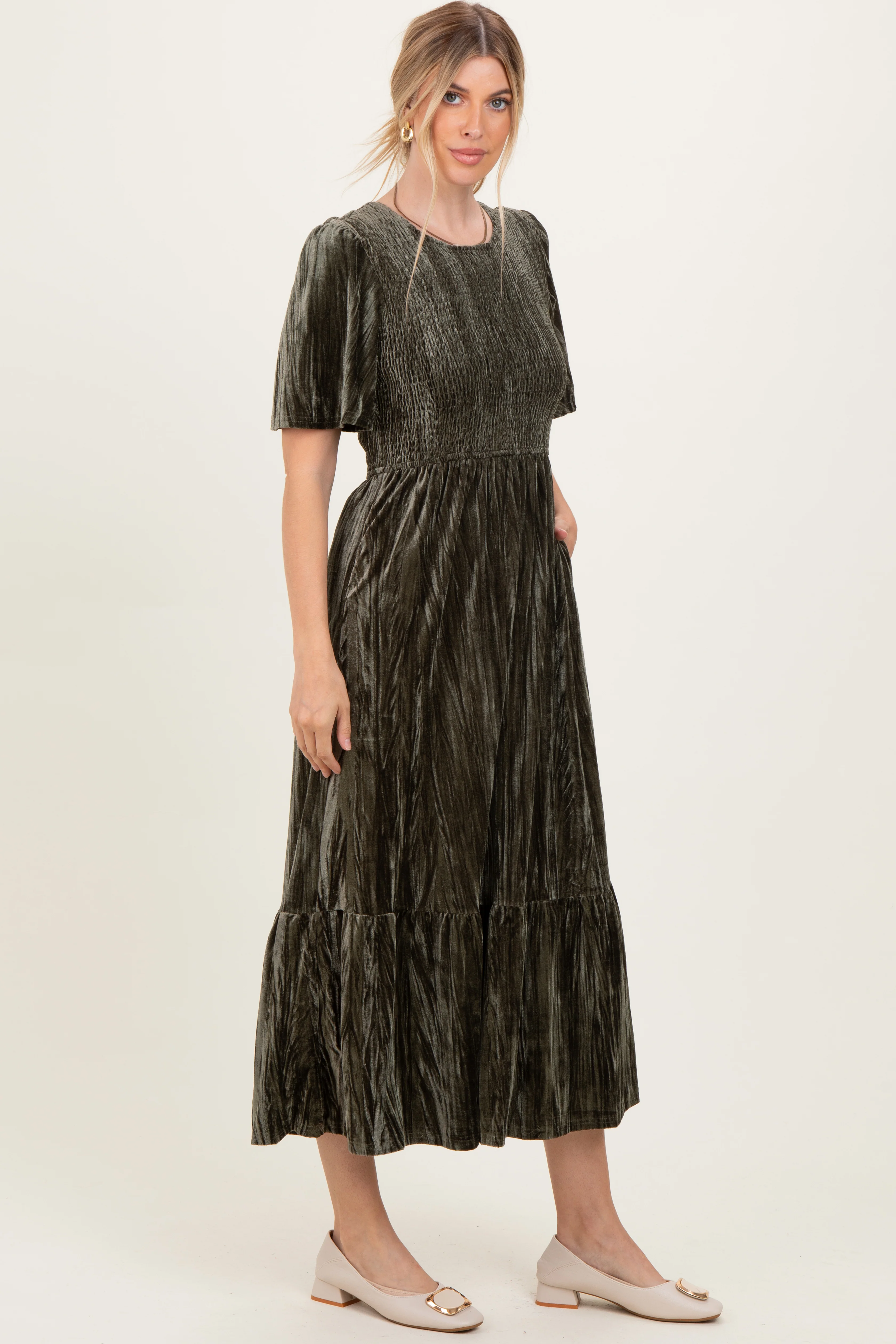 Olive Smocked Velvet MIdi Dress - Image 3