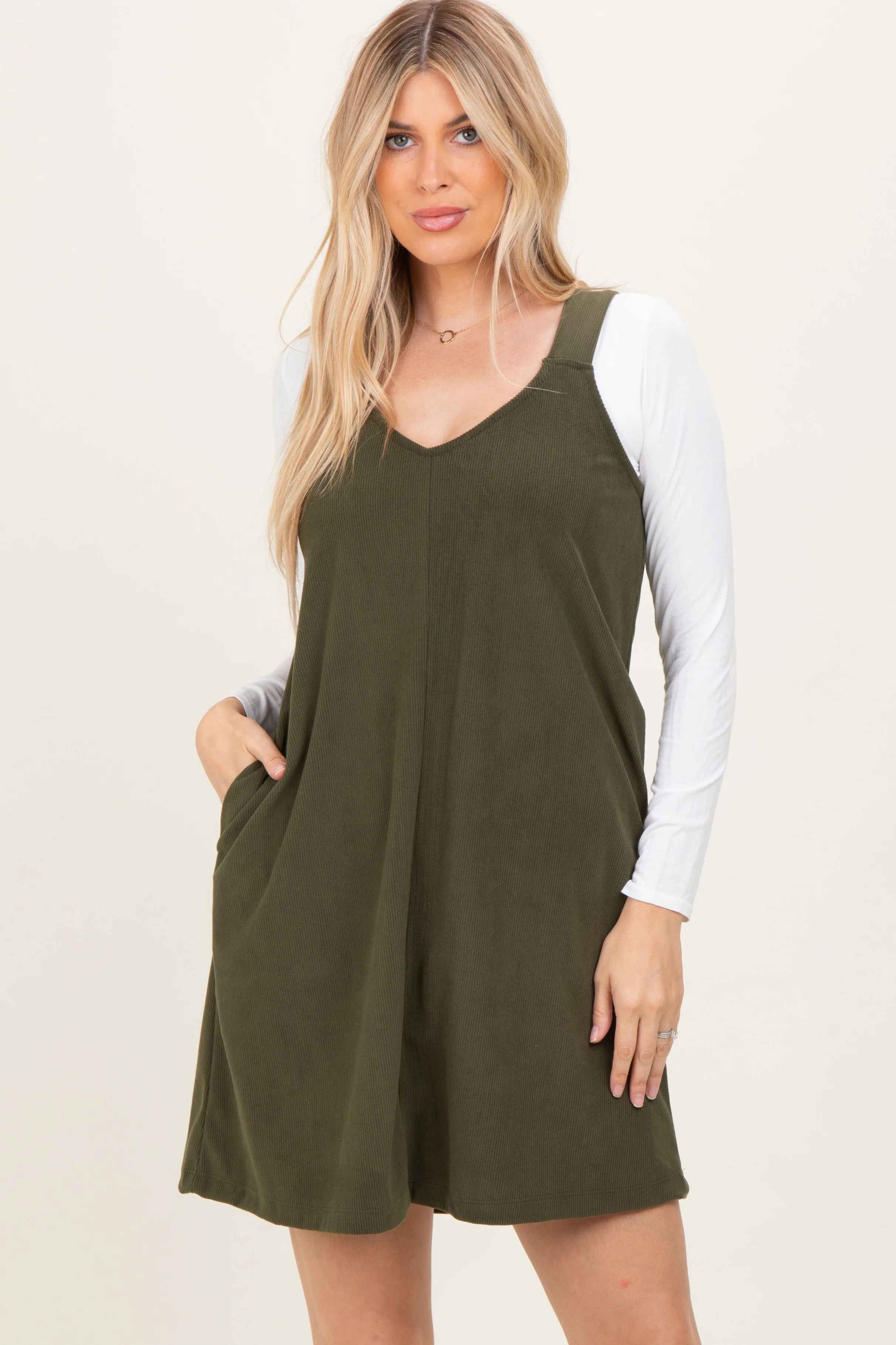 Olive Solid Corduroy V-Neck A-Line Maternity Mini Dress - Image 4