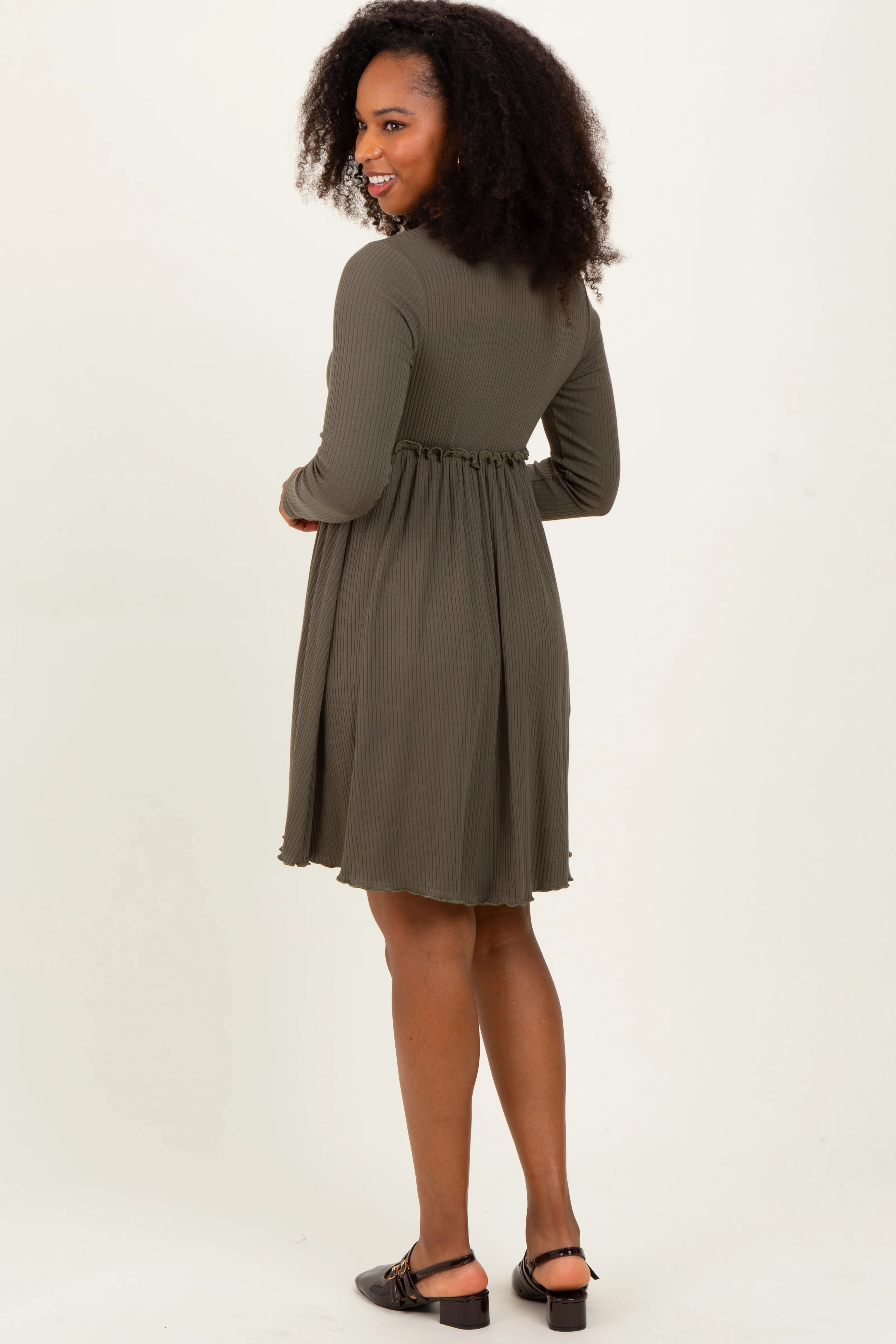 Olive Solid Ribbed Long Sleeve Crewneck Shirring Mini Dress - Image 4