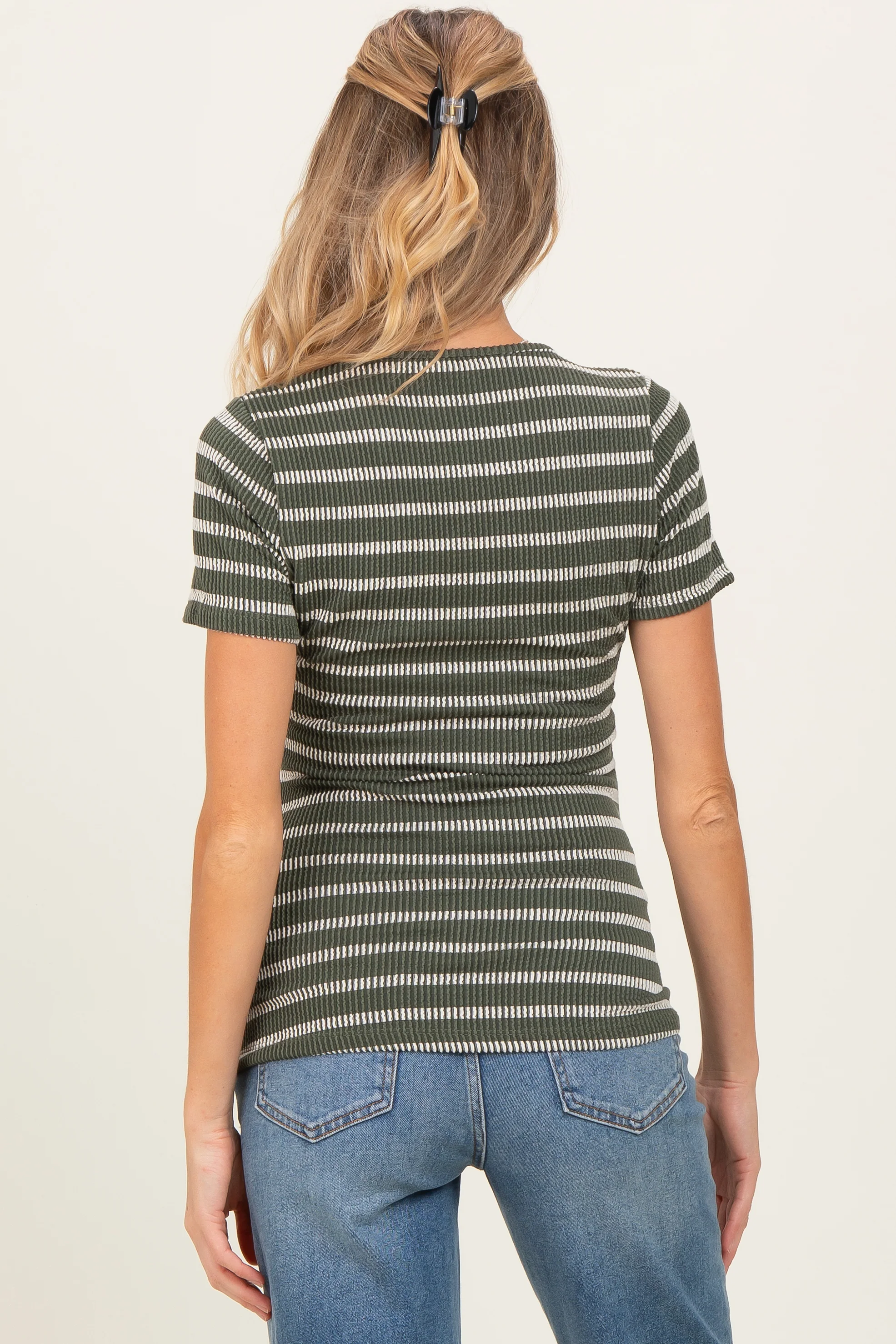 Olive Stripe Short Sleeve Round Neck Maternity Top - Image 4