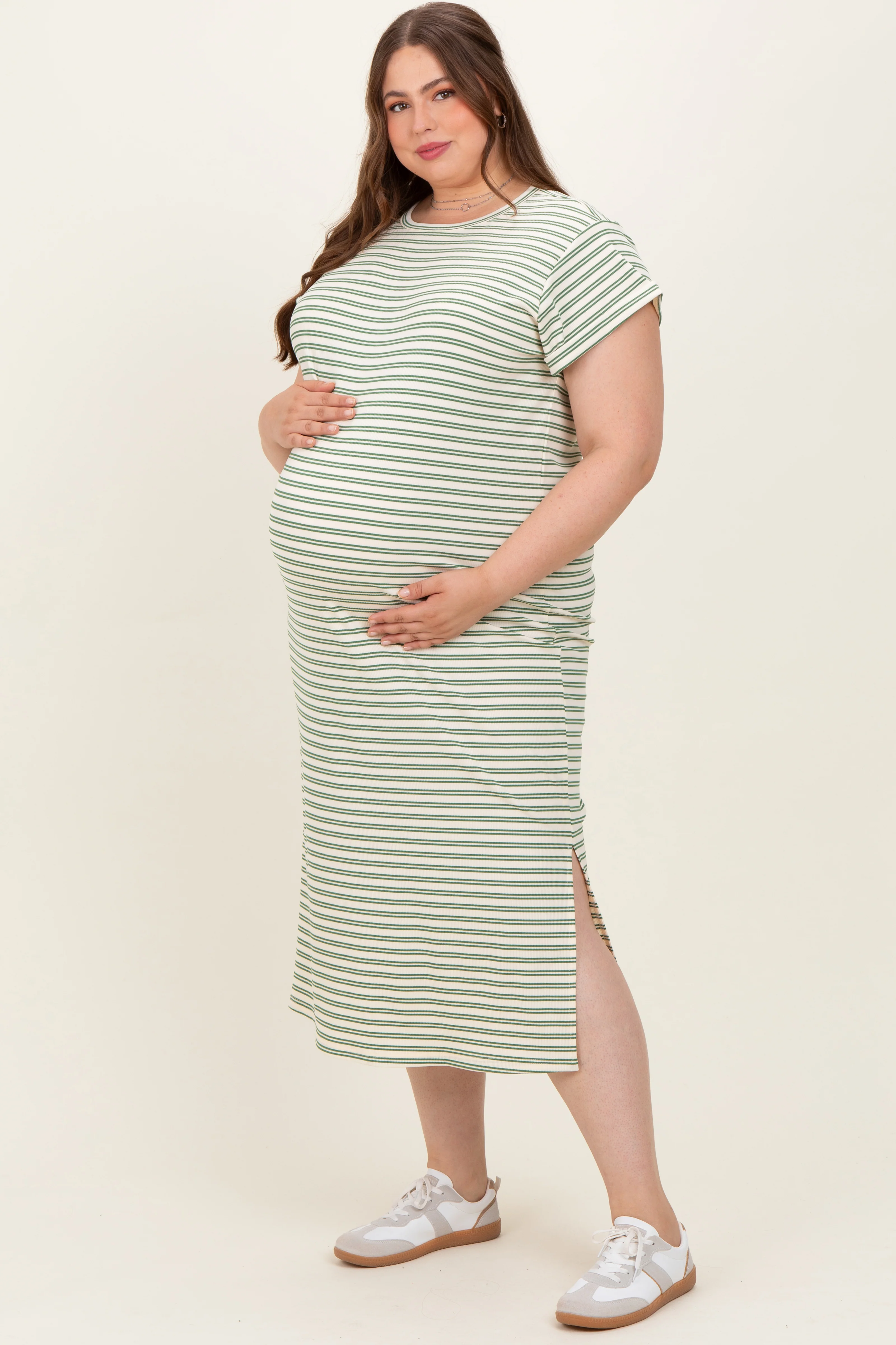 Olive Striped Maternity Plus Midi T-Shirt Dress - Image 3