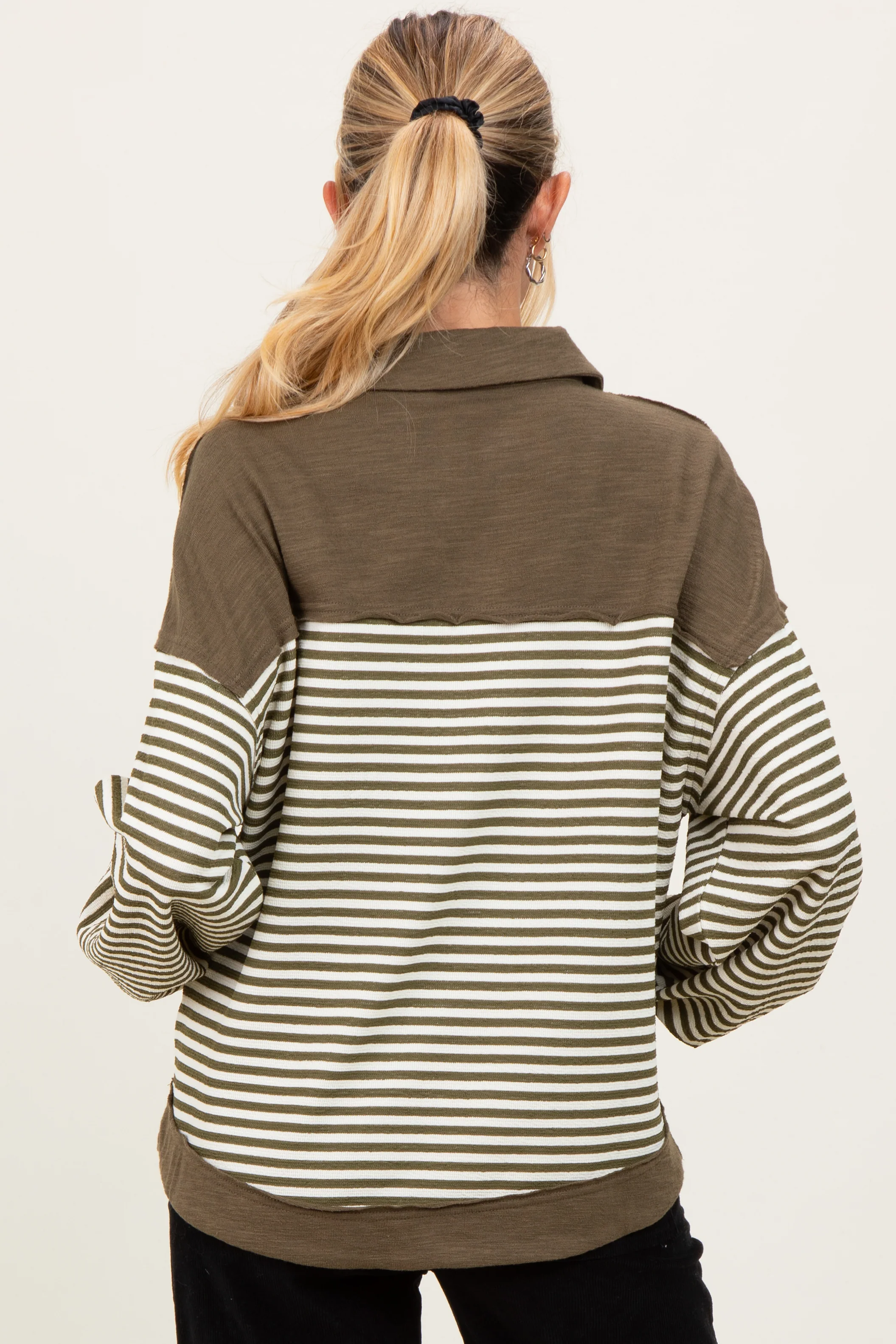 Olive Striped Oversized Collared Pullover Maternity Top - Image 3