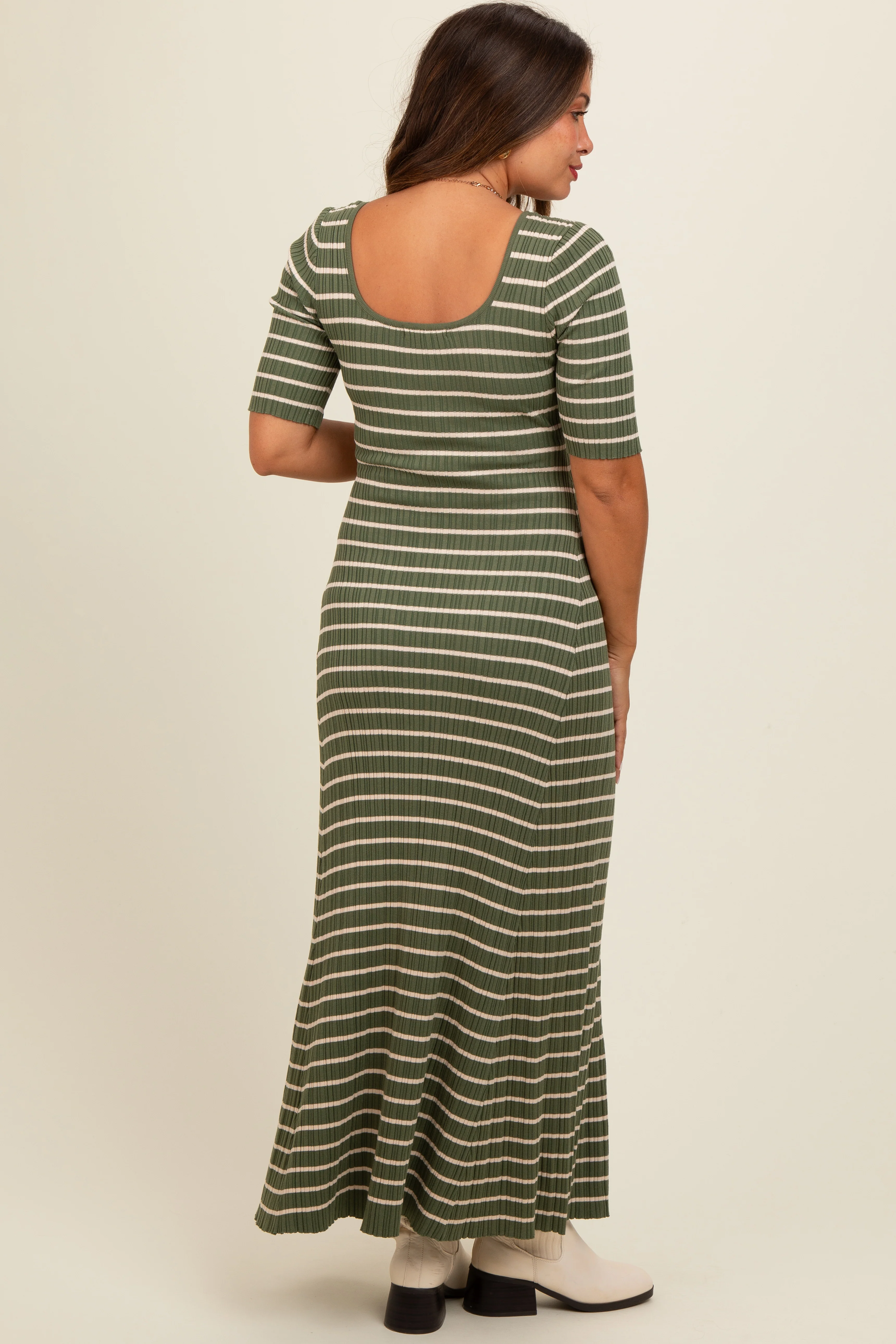 Olive Striped Ribbed Short Sleeve Maternity Maxi Dress - Image 3