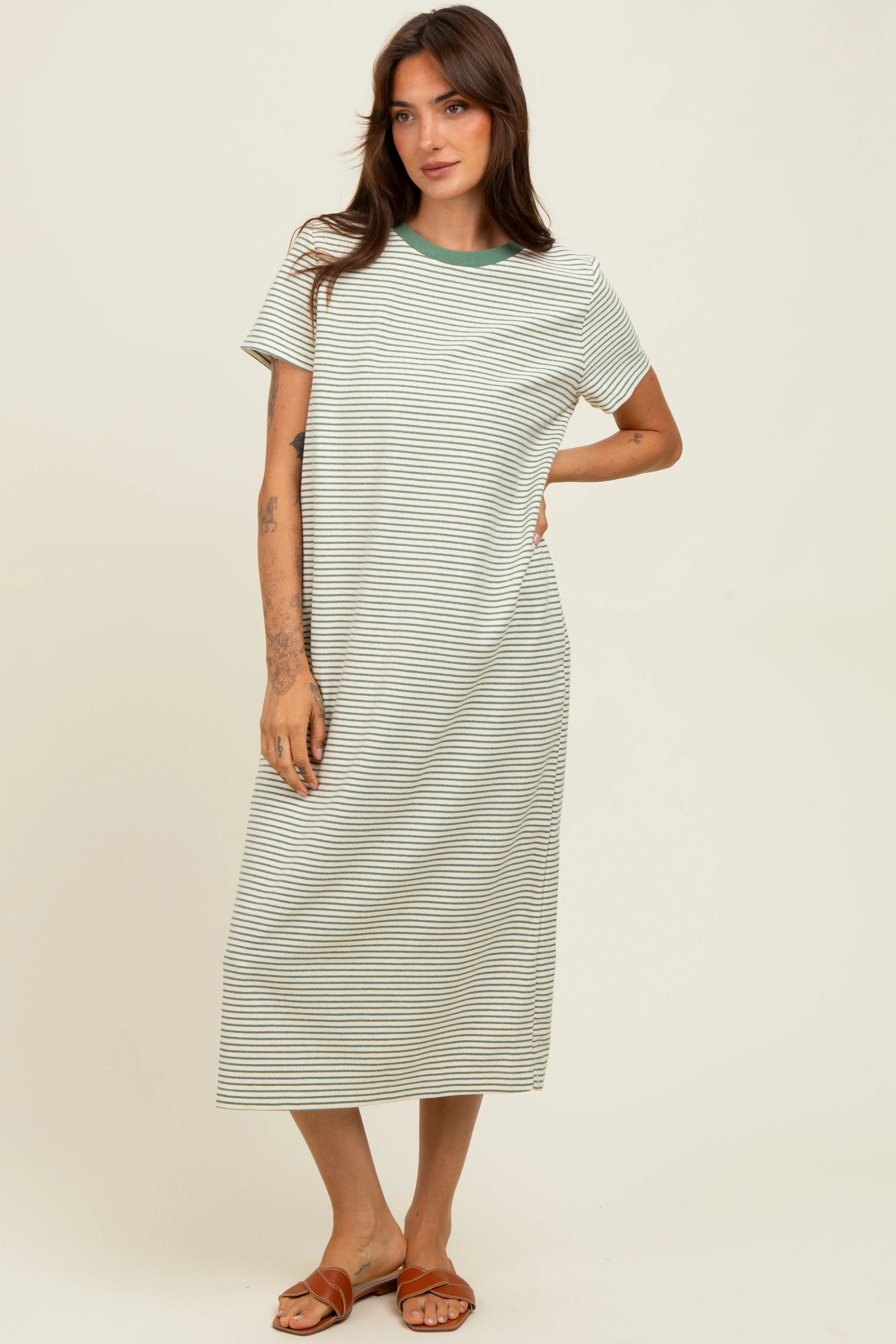Olive Striped Short Sleeve Midi T-Shirt Dress - Image 2