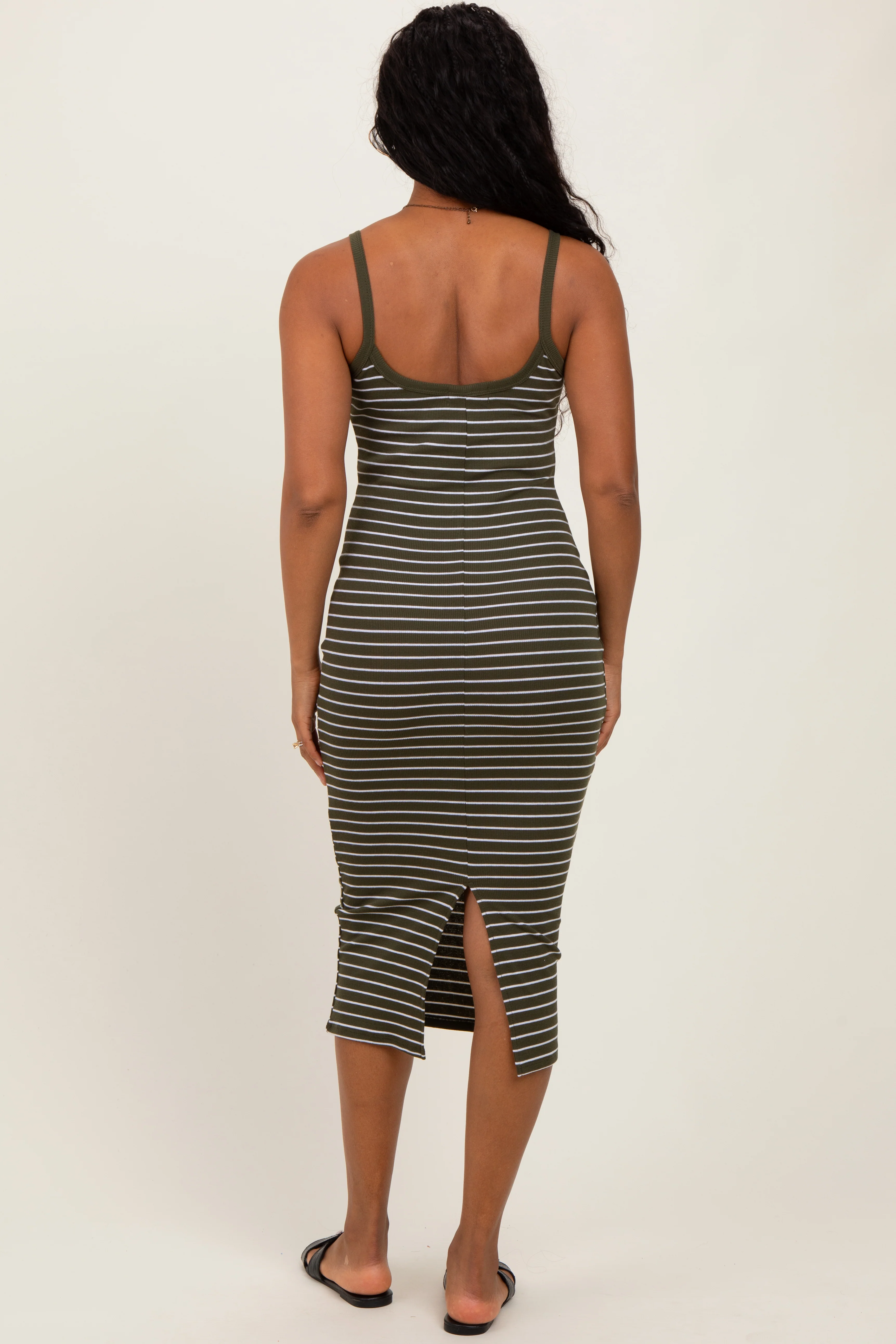 Olive Striped Thin Strap Fitted Midi Dress - Image 4