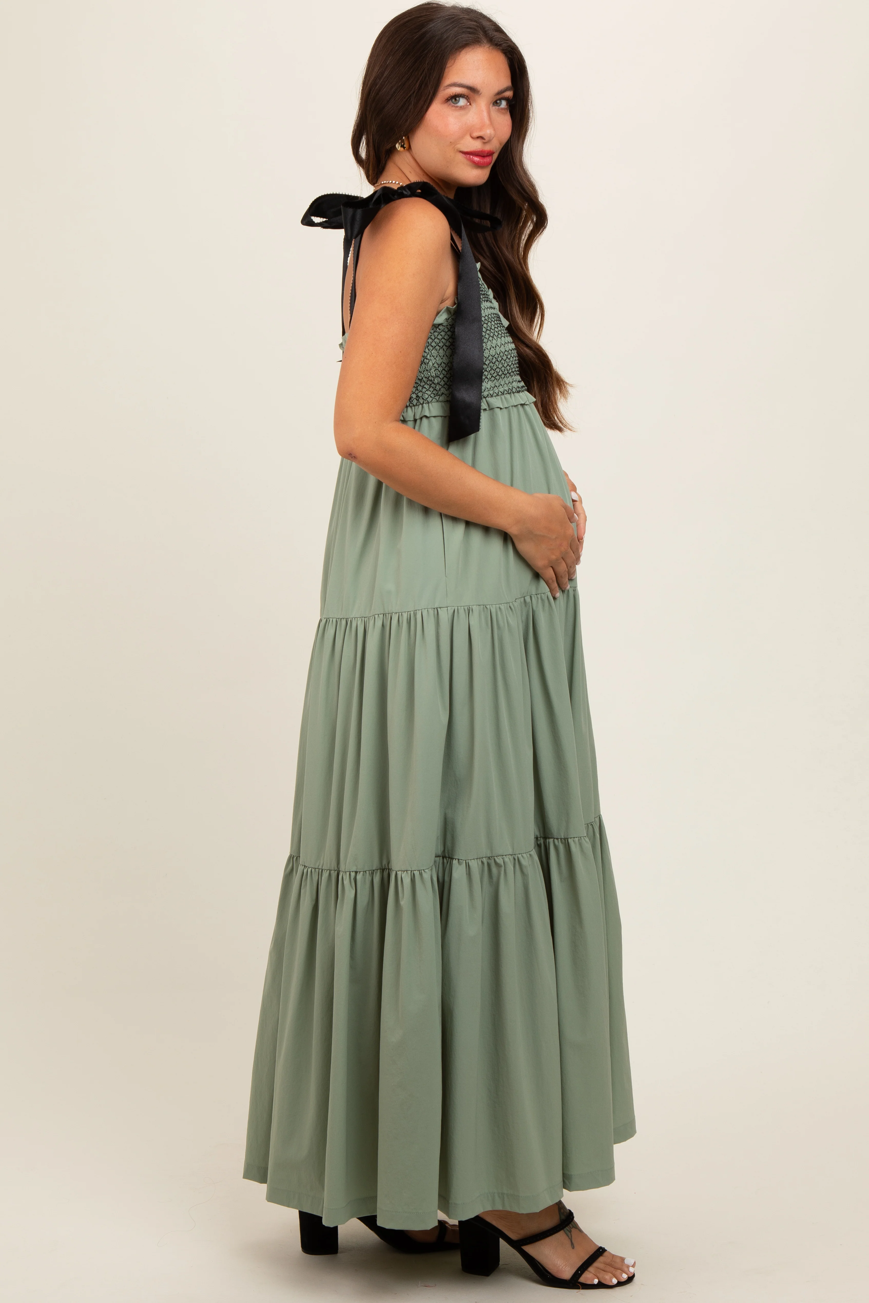 Olive Sweetheart Neck Smocked Embroidered Ribbon Shoulder Tie Maternity Midi Dress - Image 4