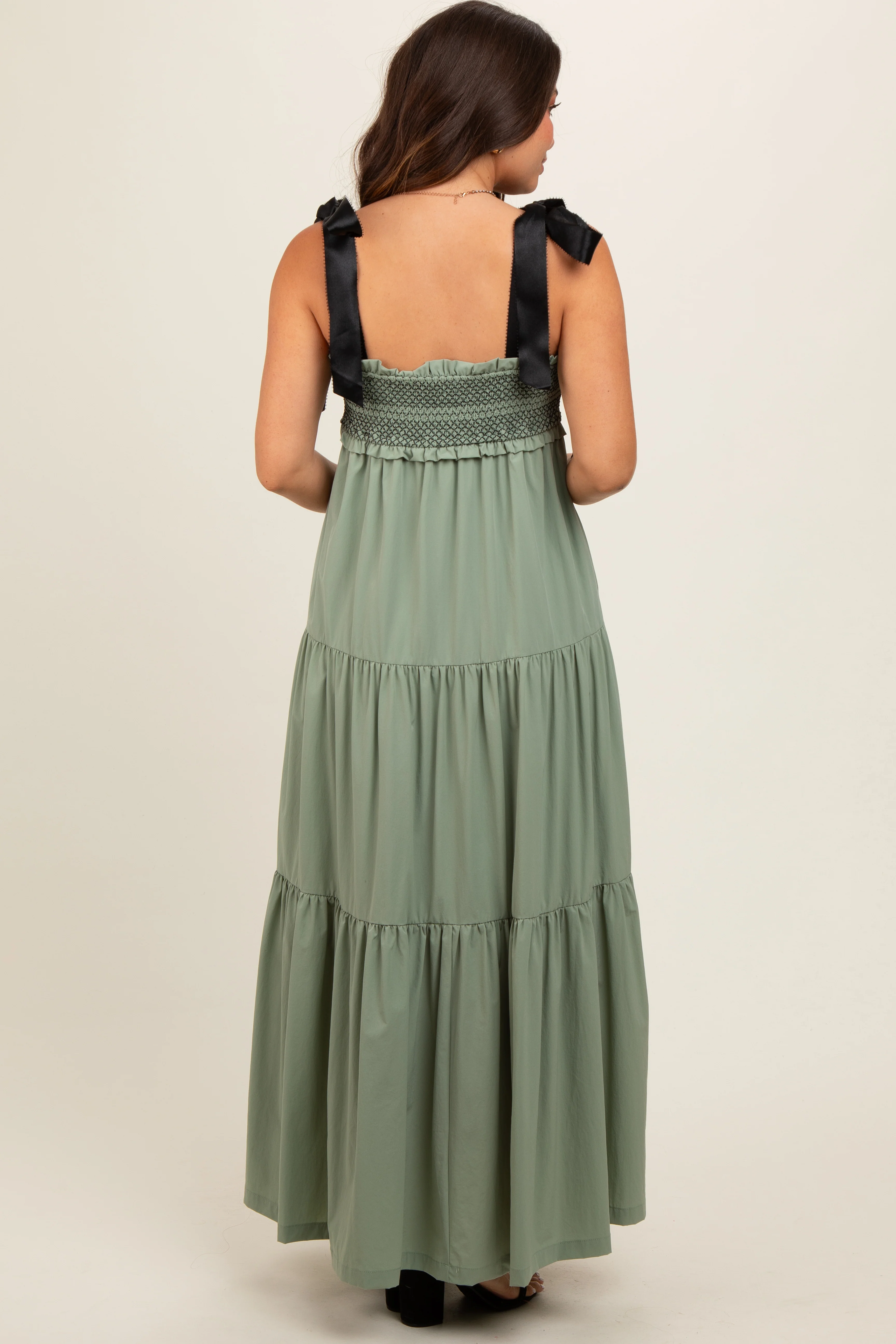 Olive Sweetheart Neck Smocked Embroidered Ribbon Shoulder Tie Maternity Midi Dress - Image 5