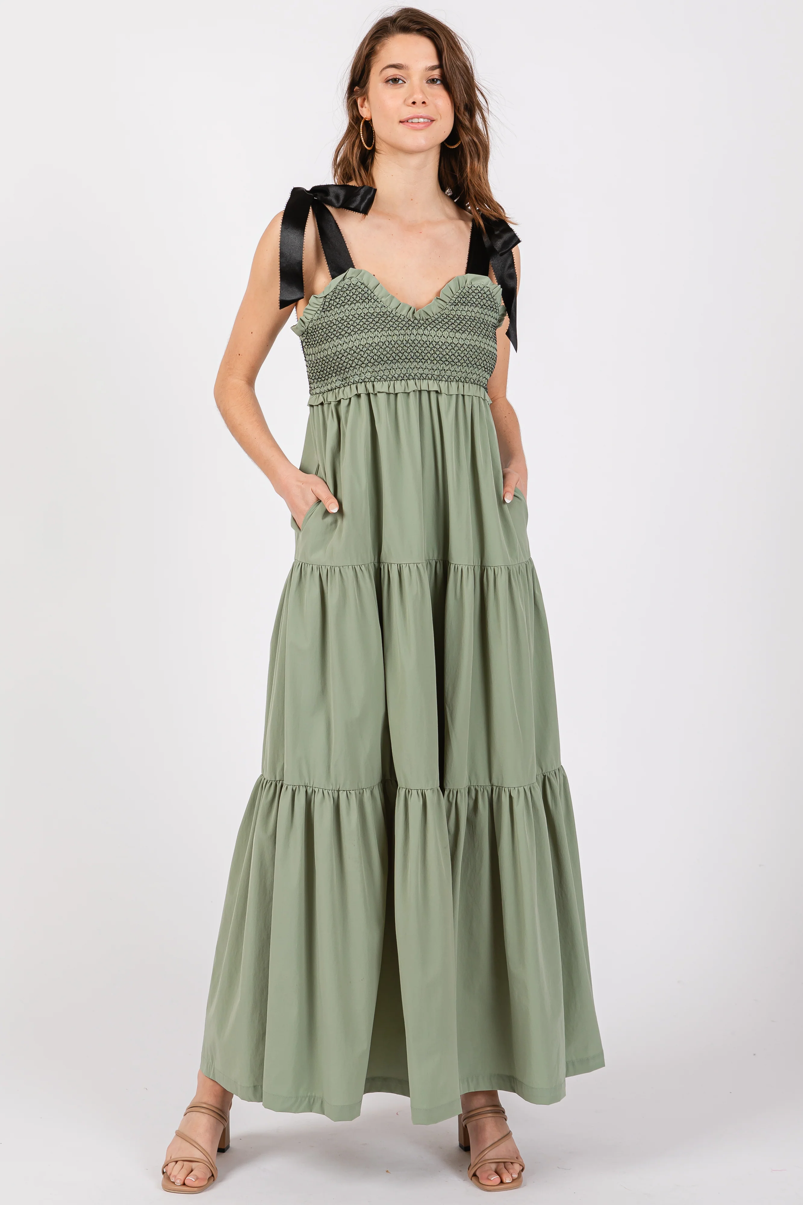 Olive Sweetheart Neck Smocked Embroidered Ribbon Shoulder Tie Maternity Midi Dress - Image 6