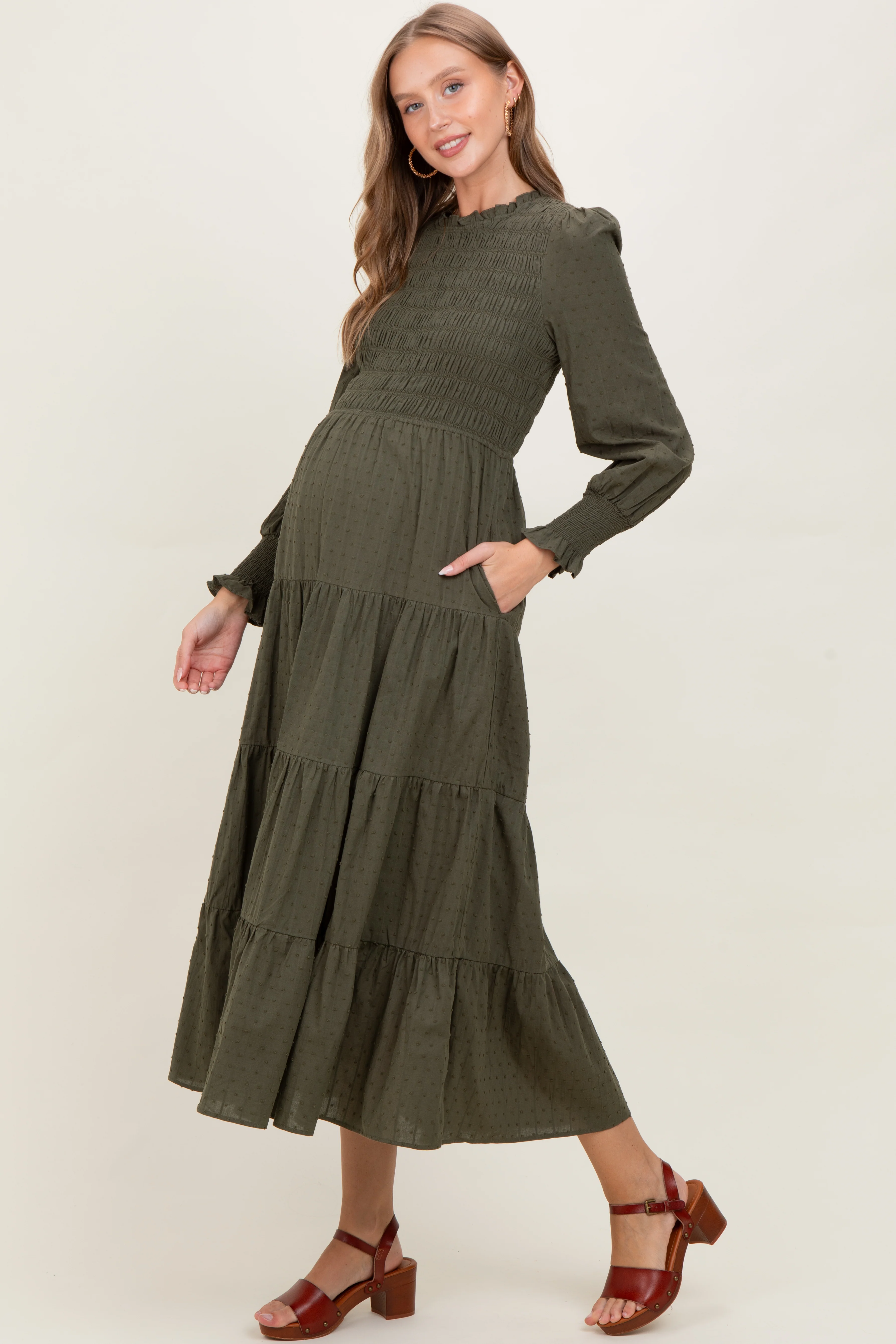 Olive Swiss Dot Smocked Tiered Maternity Maxi Dress - Image 3