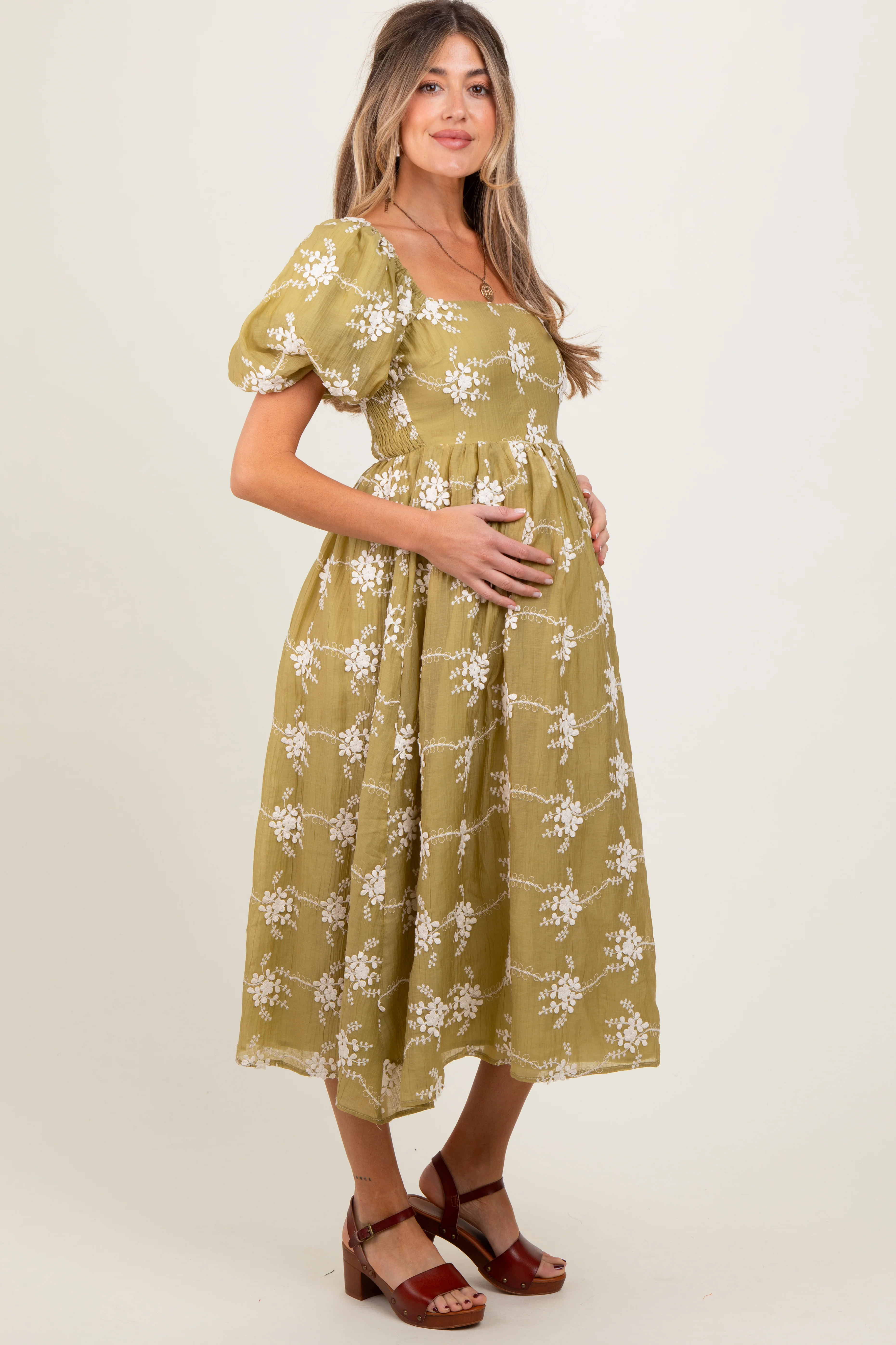 Olive Textured Maternity Midi Dress - Image 3