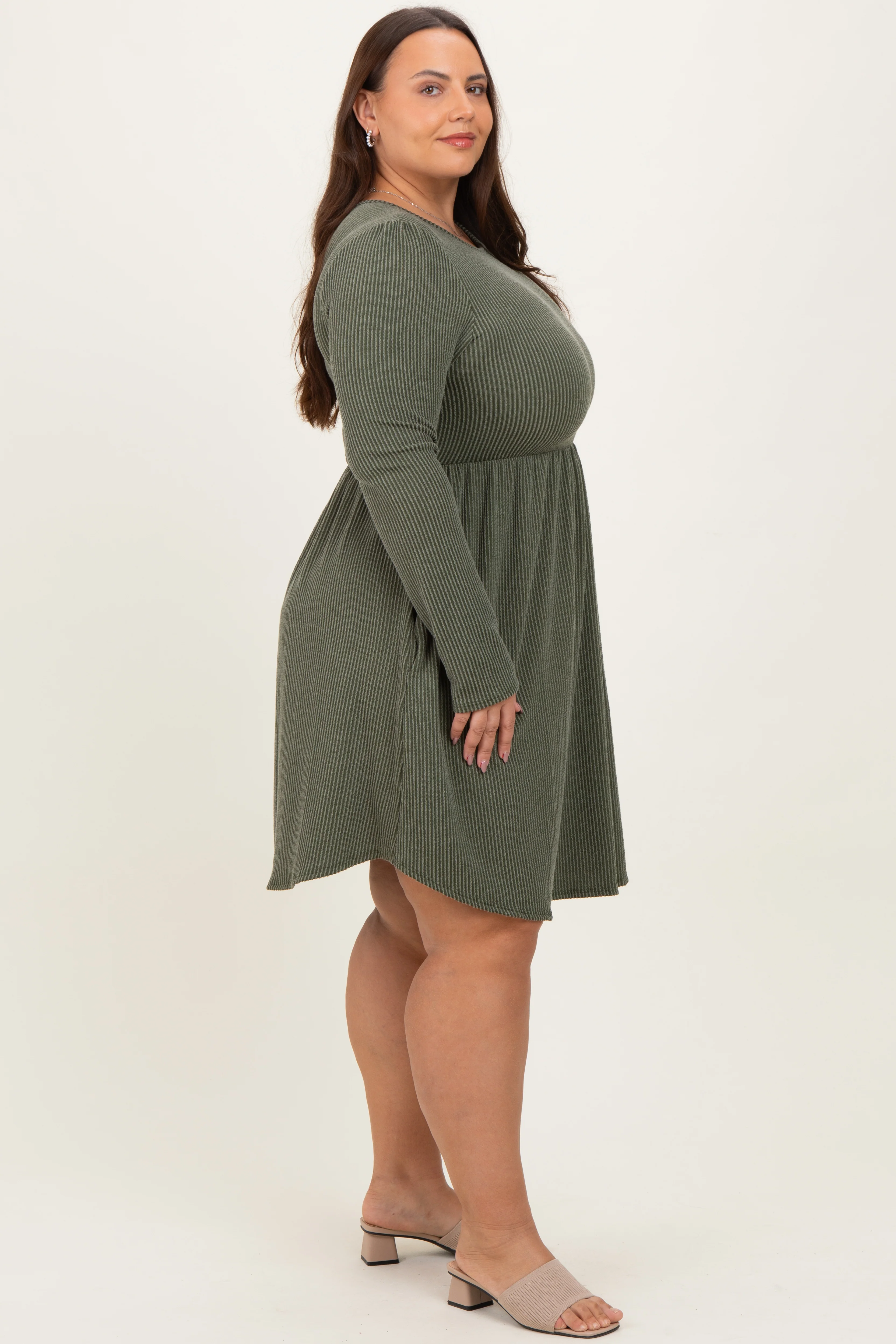 Olive Textured Rib Long Sleeve Plus Dress - Image 3