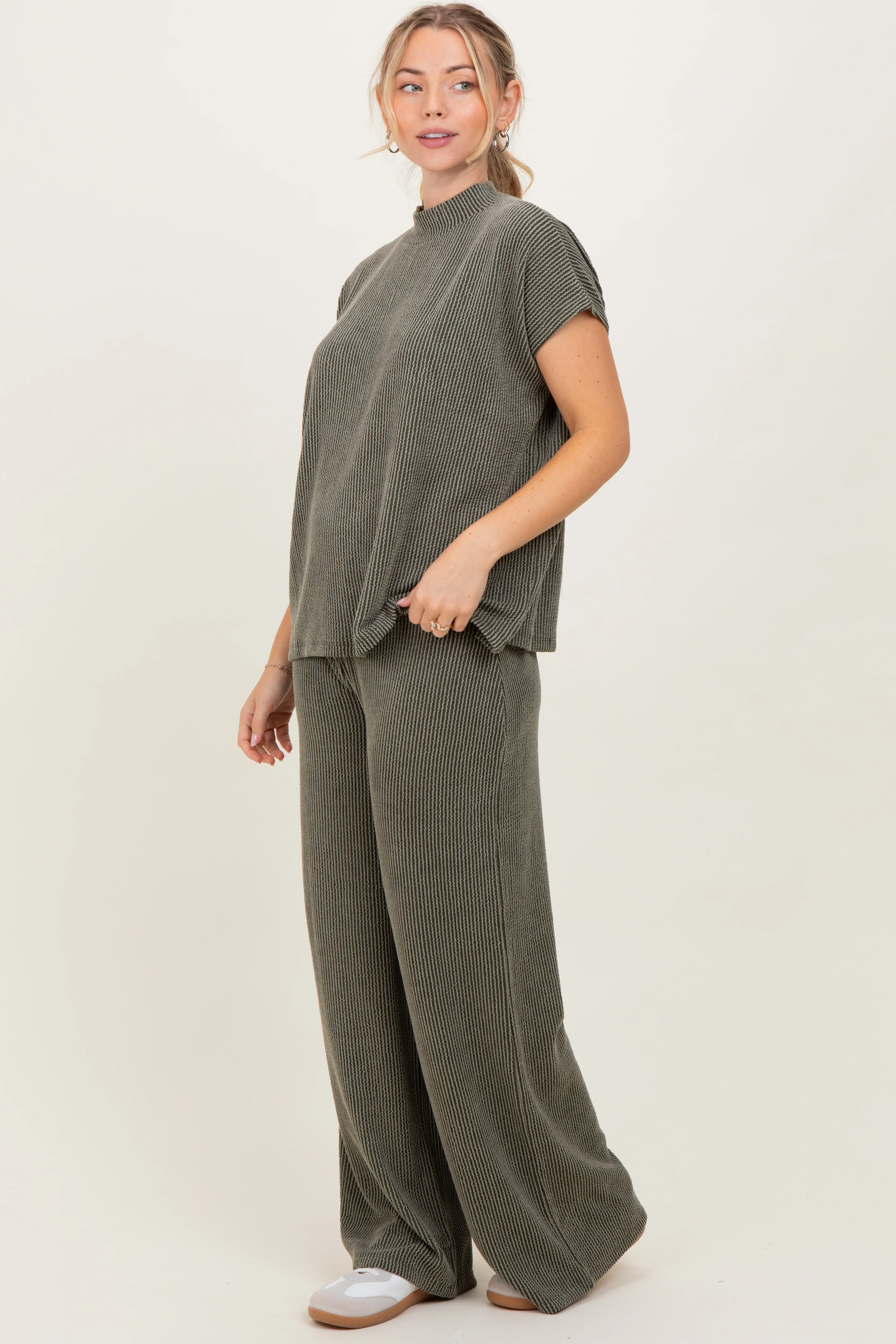 Olive Textured Rib Mock Neck Short Sleeve Pant Set - Image 3