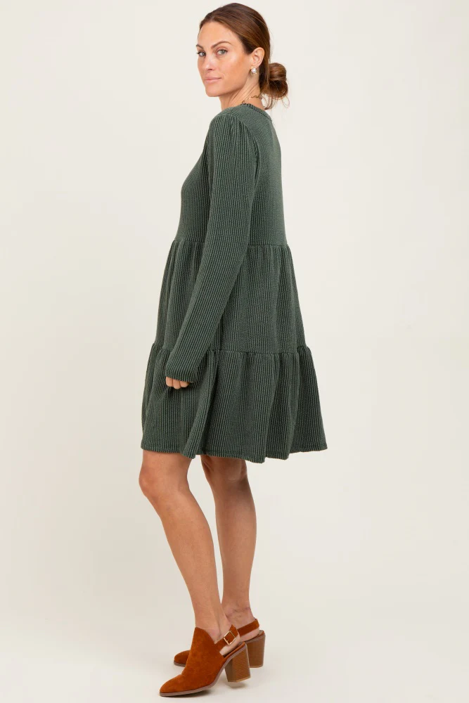 Olive Textured Rib Tiered Long Sleeve Dress - Image 3