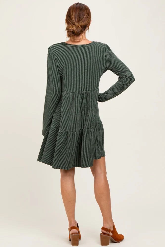 Olive Textured Rib Tiered Long Sleeve Dress - Image 4