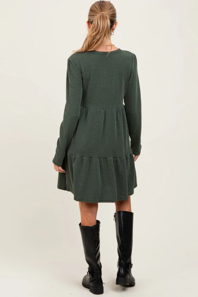 Olive Textured Rib Tiered Long Sleeve Maternity Dress - Image 3