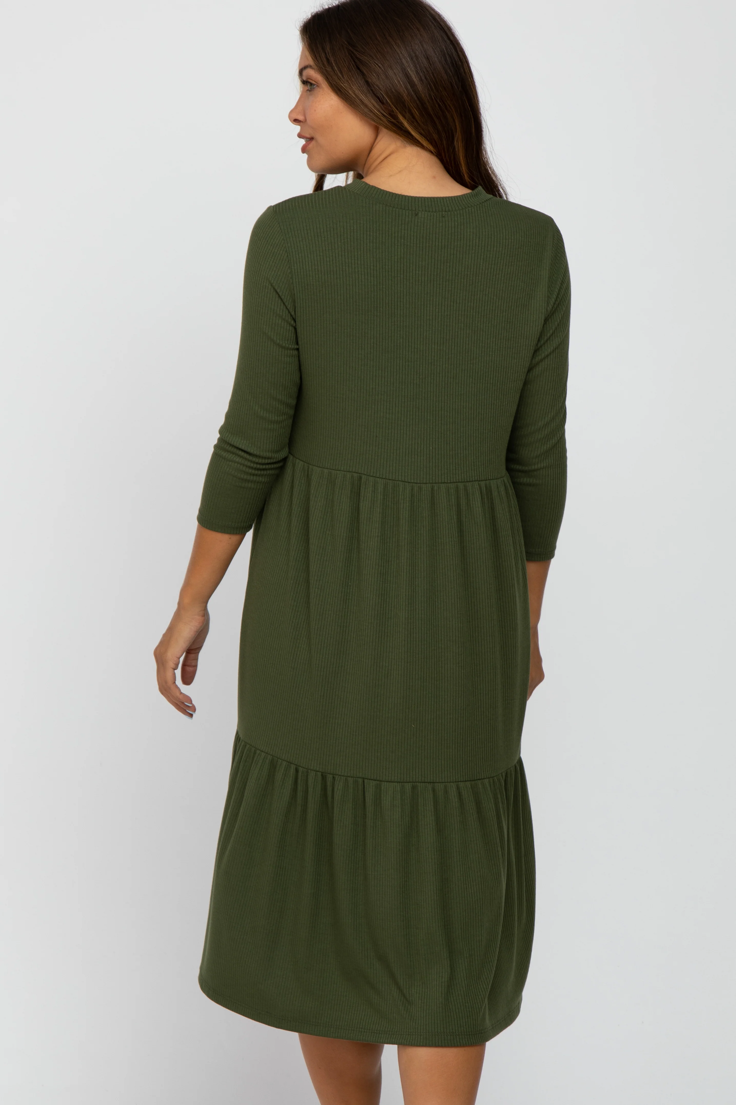 Olive Tiered Ribbed 3/4 Sleeve Maternity Midi Dress - Image 3