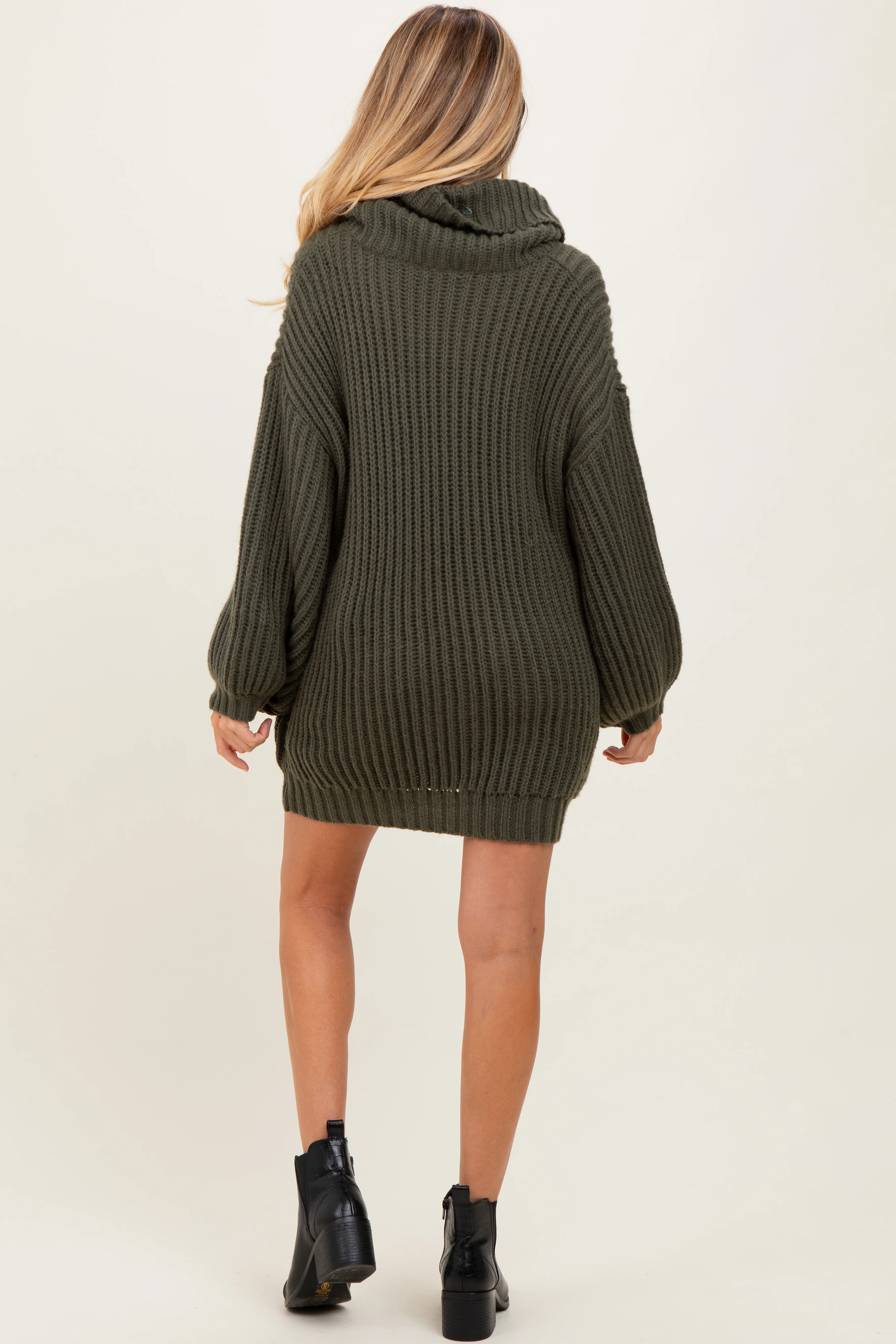 Olive Turtleneck Puff Sleeve Maternity Sweater Dress - Image 3