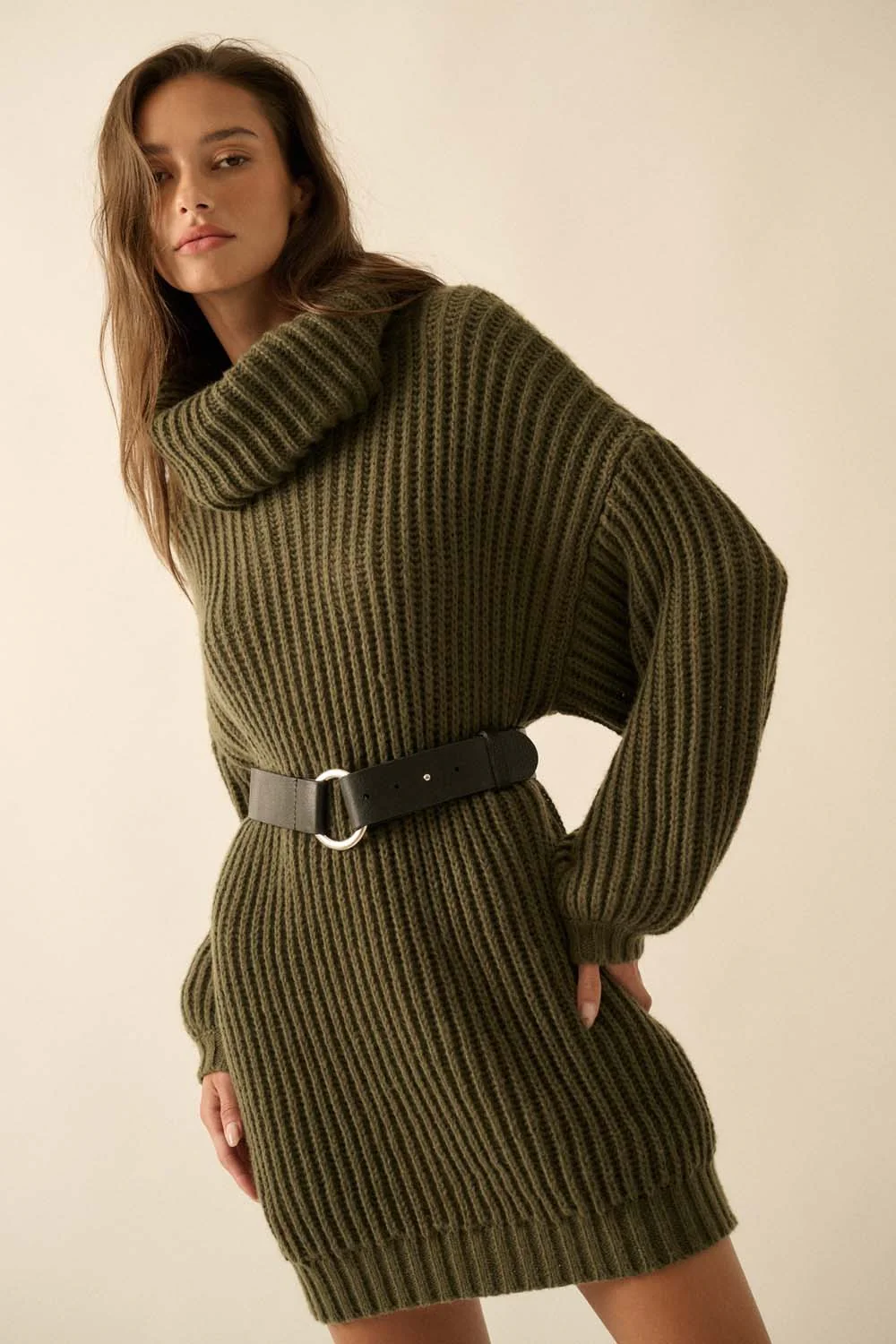 Olive Turtleneck Puff Sleeve Maternity Sweater Dress - Image 4
