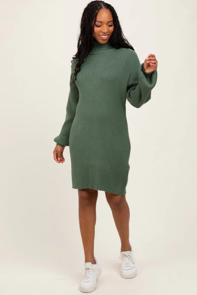 Olive Turtleneck Ribbed Maternity Sweater Dress - Image 4
