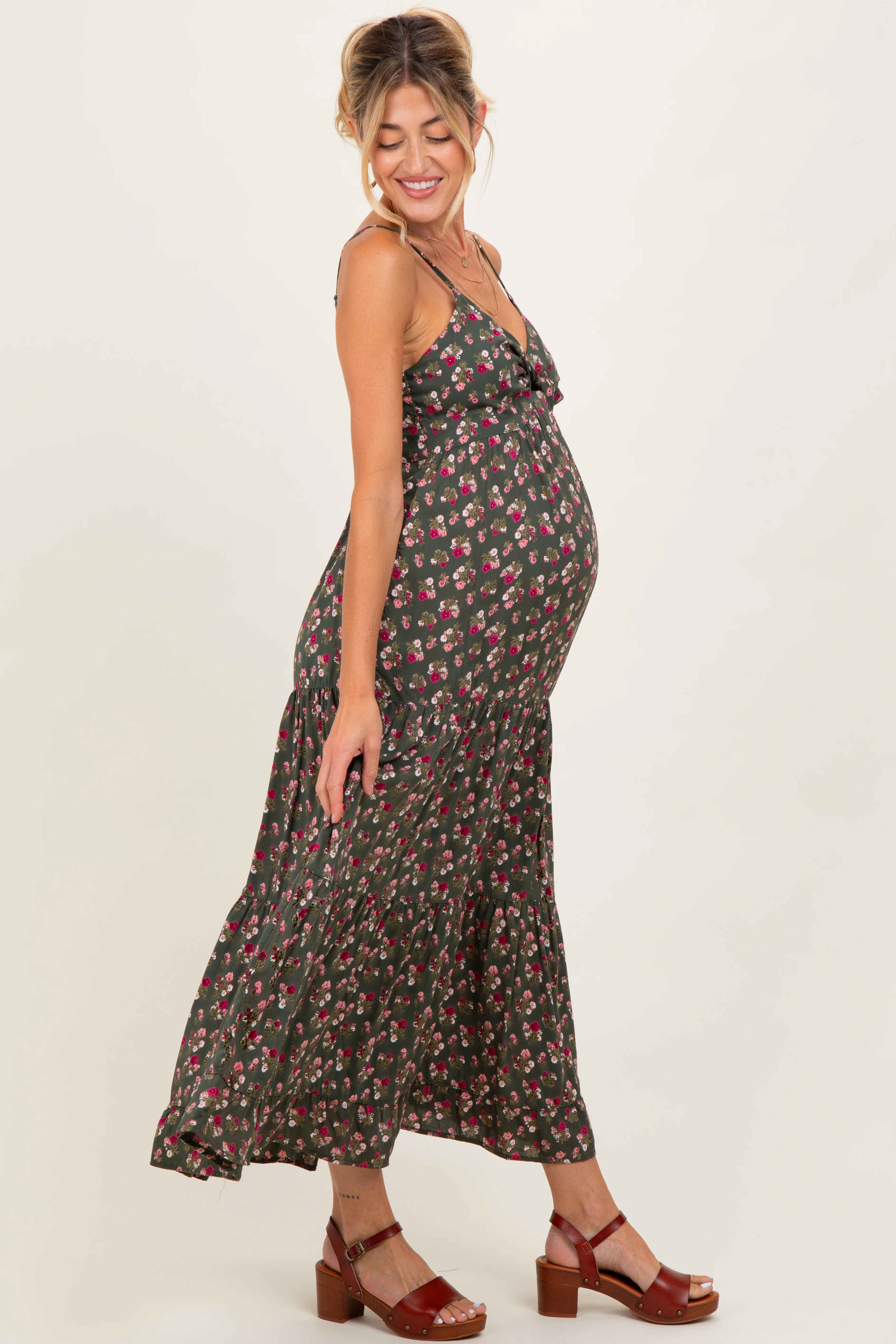 Olive Twist Front Tiered Maternity Midi Dress - Image 3