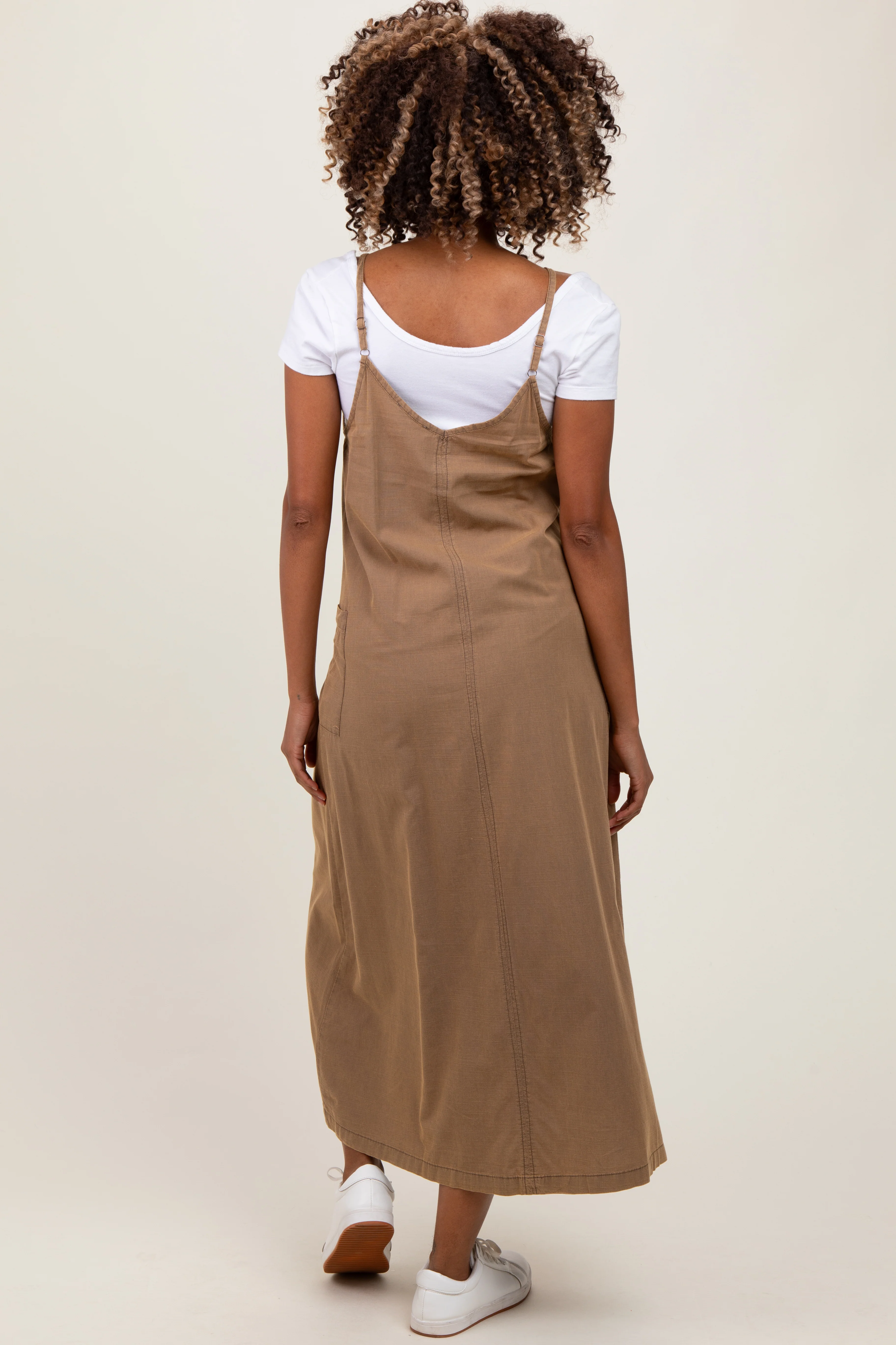 Olive V-Neck Overall Maternity Midi Dress - Image 3