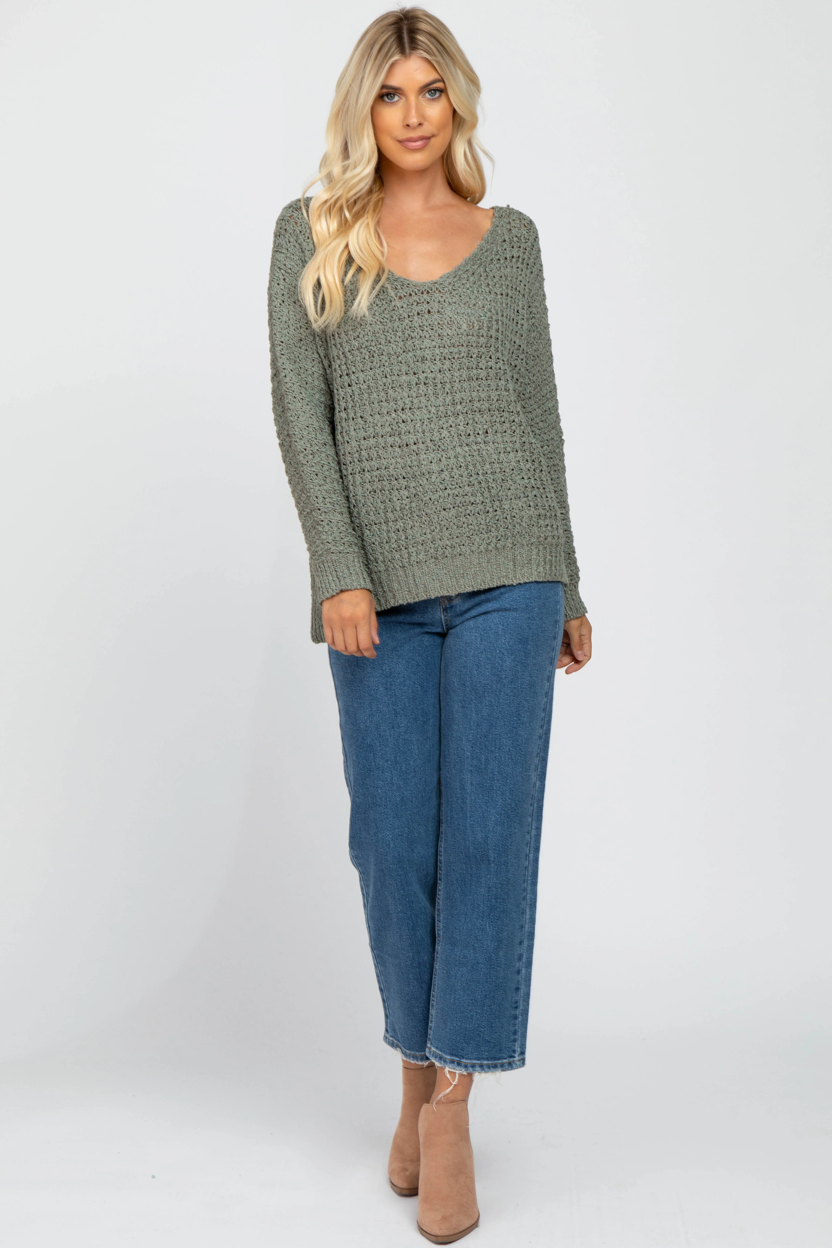 Olive V-Neck Side Slit Thick Knit Sweater - Image 4