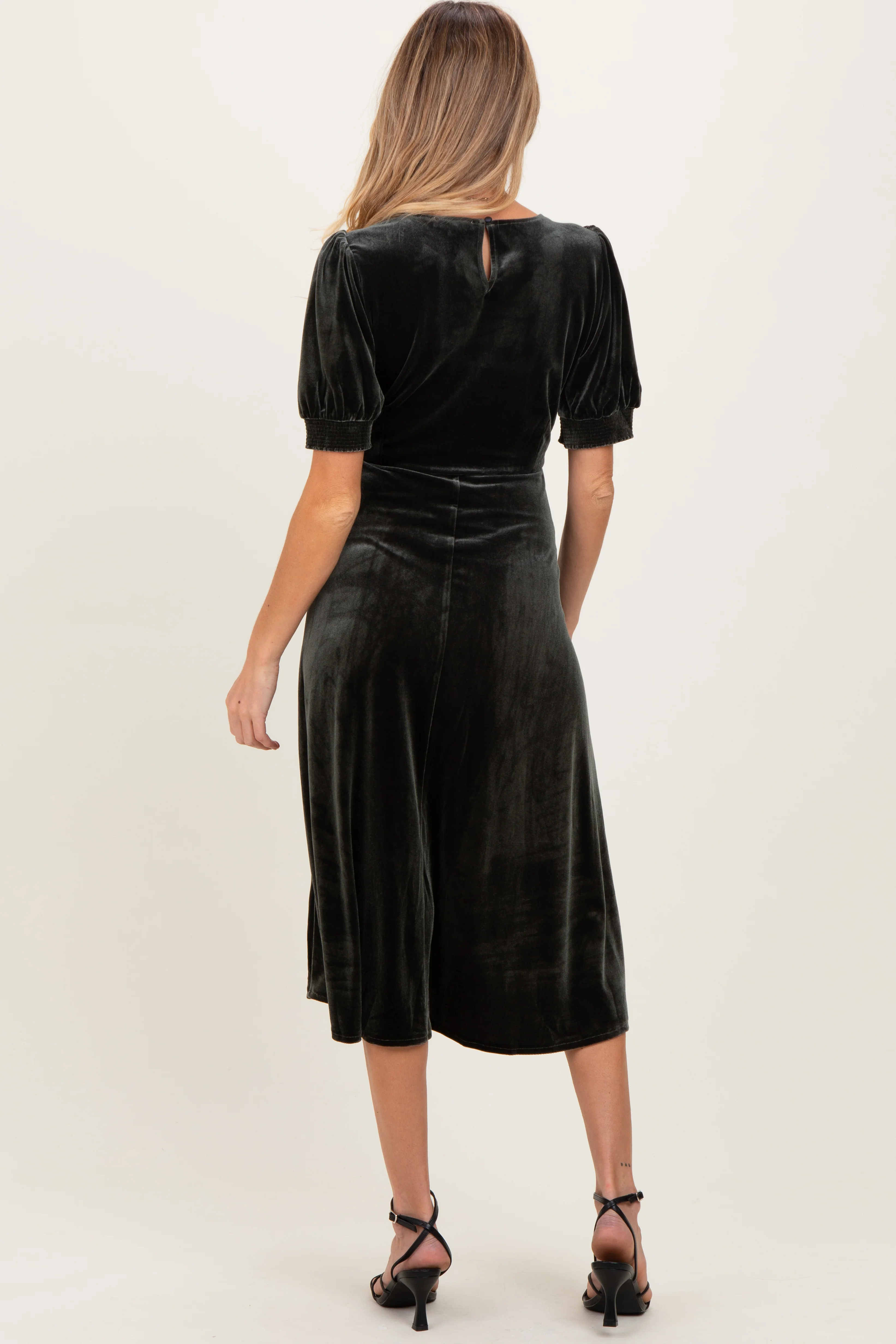 Olive Velvet Short Sleeve Maternity Midi Dress - Image 3