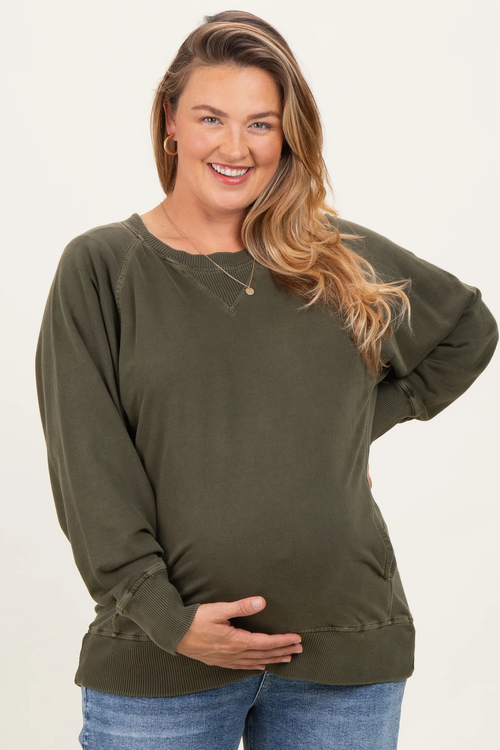Olive Vintage Wash French Terry Maternity Plus Pullover - Image 2