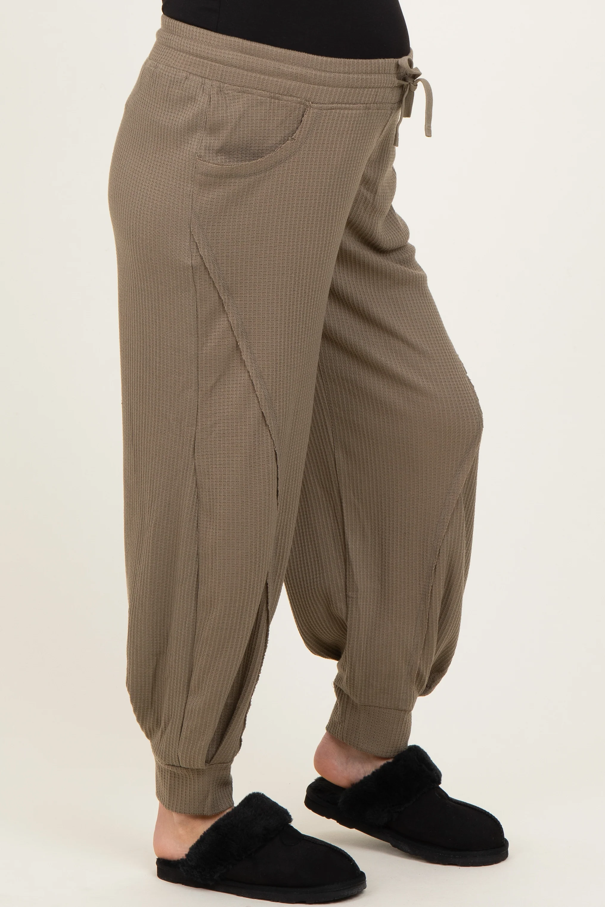 Olive Waffle Knit Raw Seam Maternity Joggers - Image 4