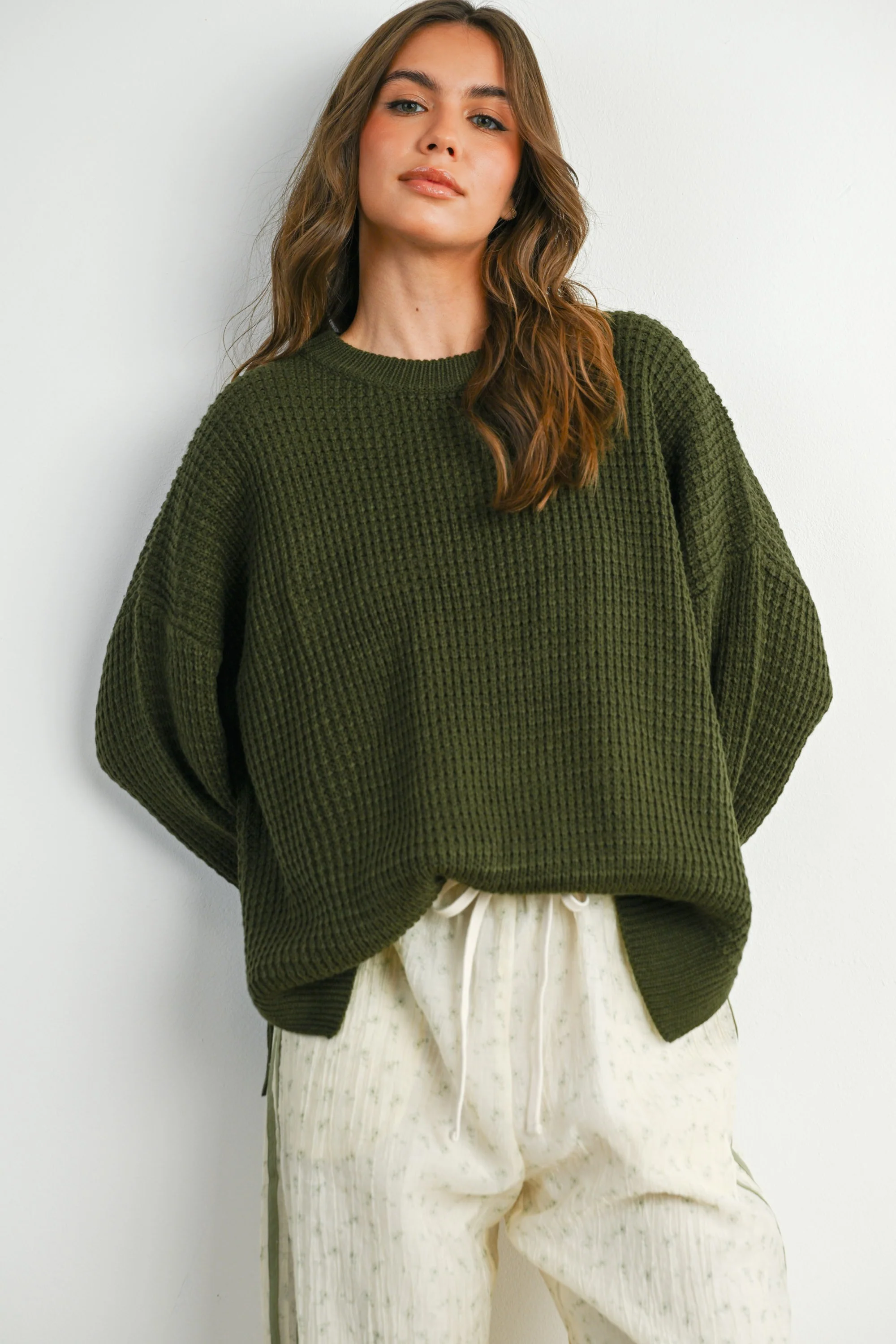 Olive Waffle Knit Side Slit Maternity Sweater - Image 4
