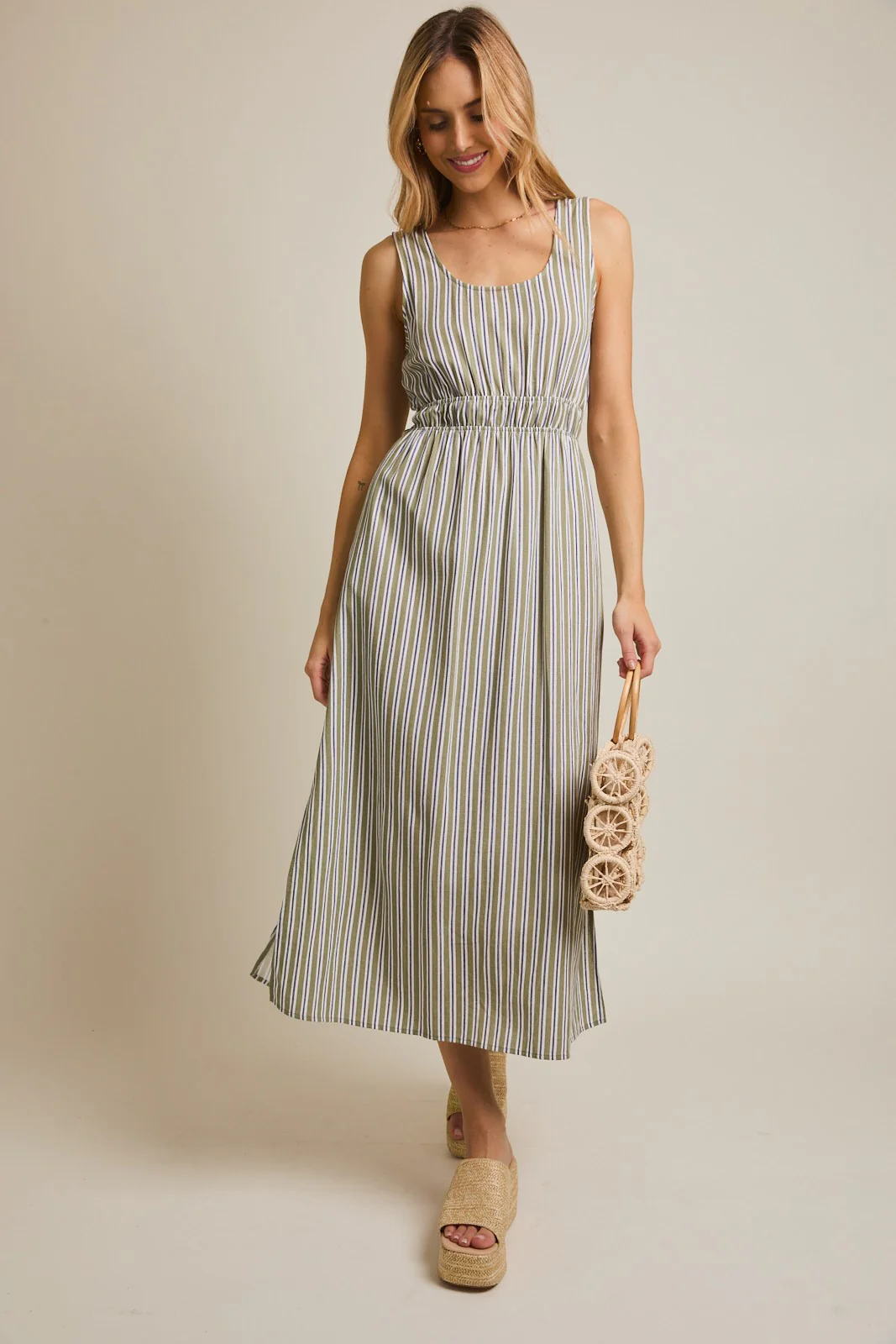 Olive-White Stripe Side Slit Maxi Dress - Image 2