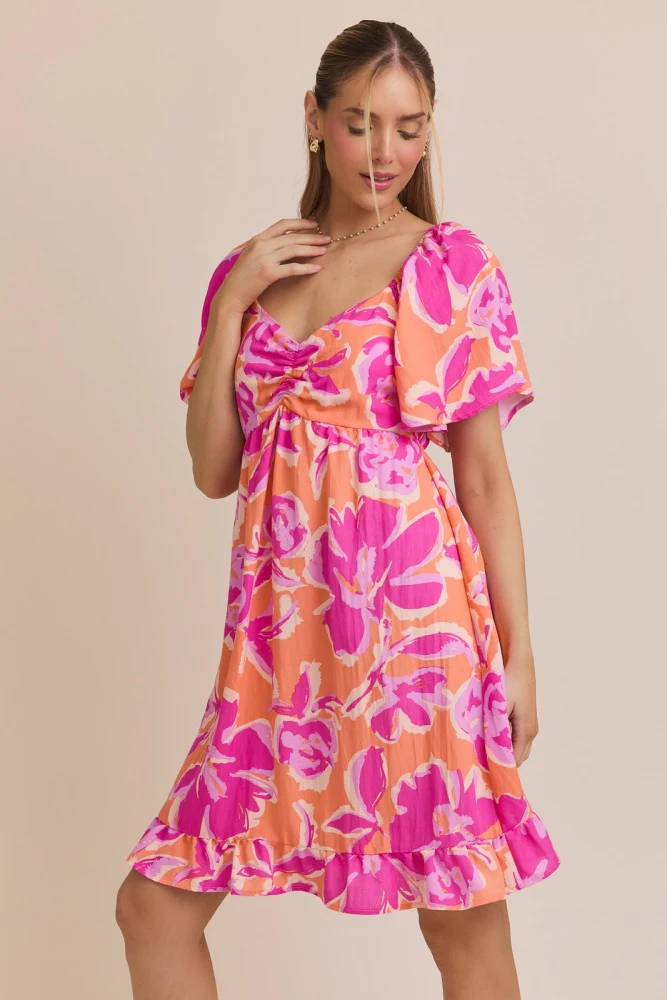 Orange Abstract Floral Cinch Bust Dress - Image 3