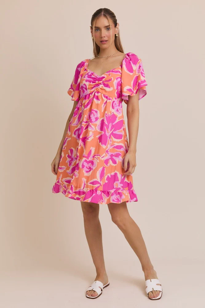 Orange Abstract Floral Cinch Bust Dress - Image 6