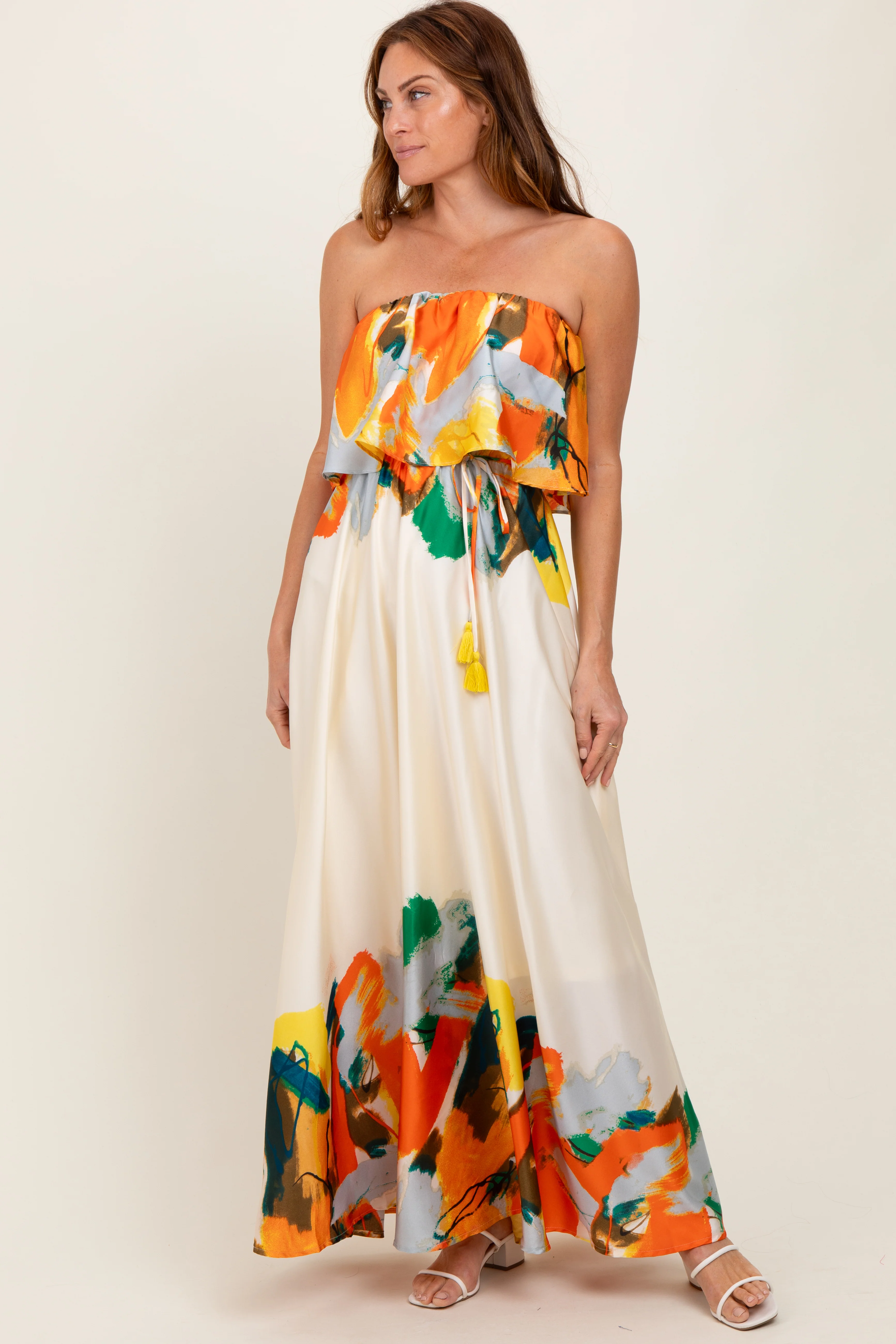 Orange Abstrast Print Strapless Flounce Maternity Maxi Dress - Image 4