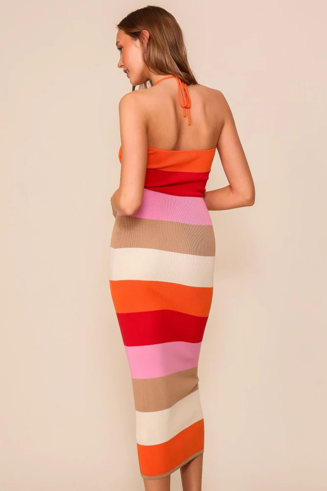 Orange Bodycon Halter Midi Dress - Image 4