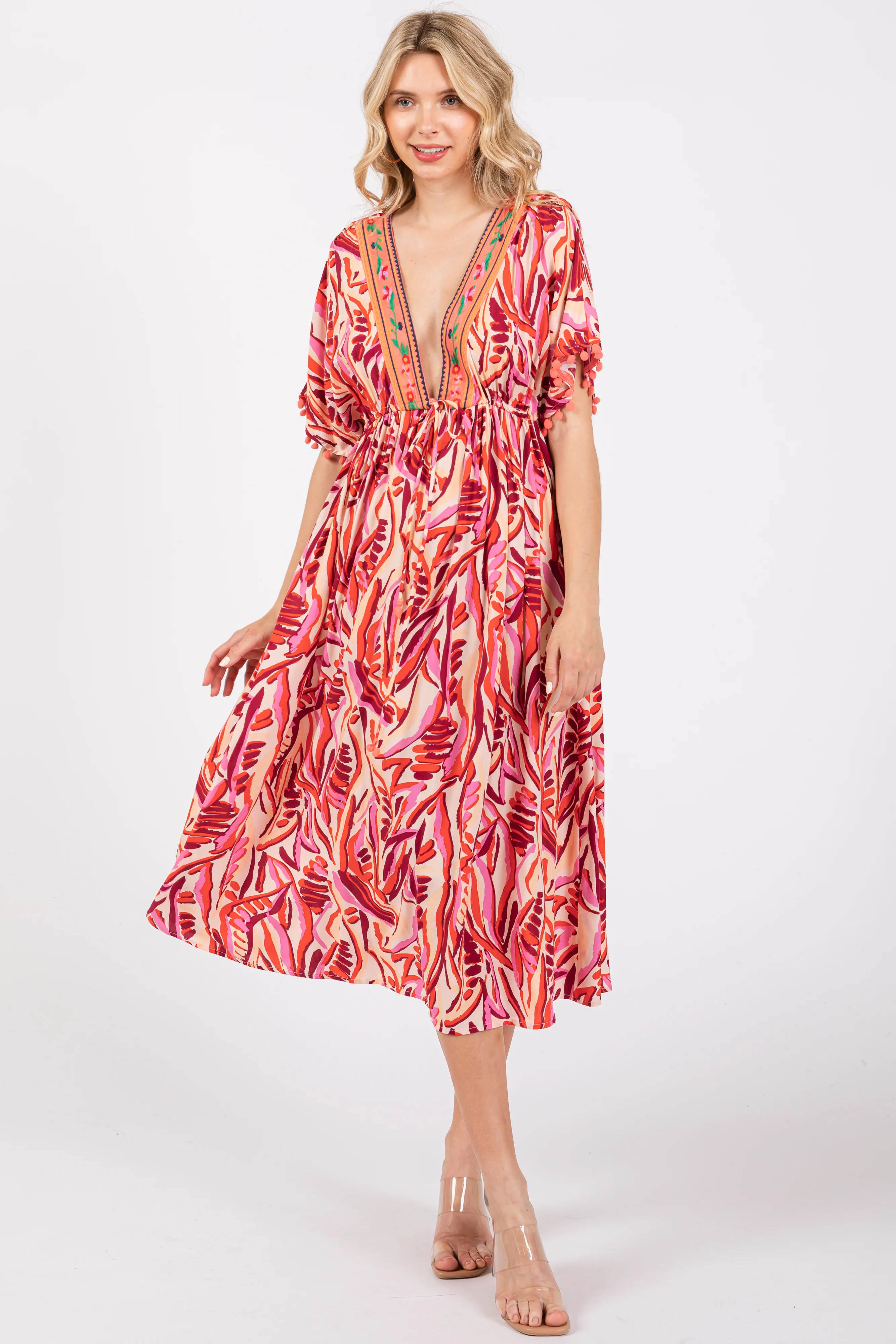 Orange Embroidered V-Neck Short Pom Sleeve Maternity Midi Dress - Image 5
