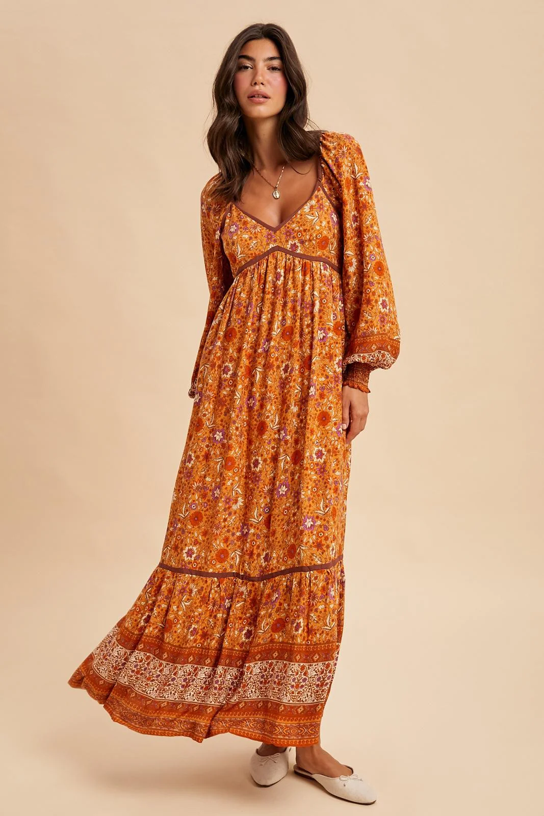 Orange Floral Border Print Long Sleeve Maternity Maxi Dress - Image 5