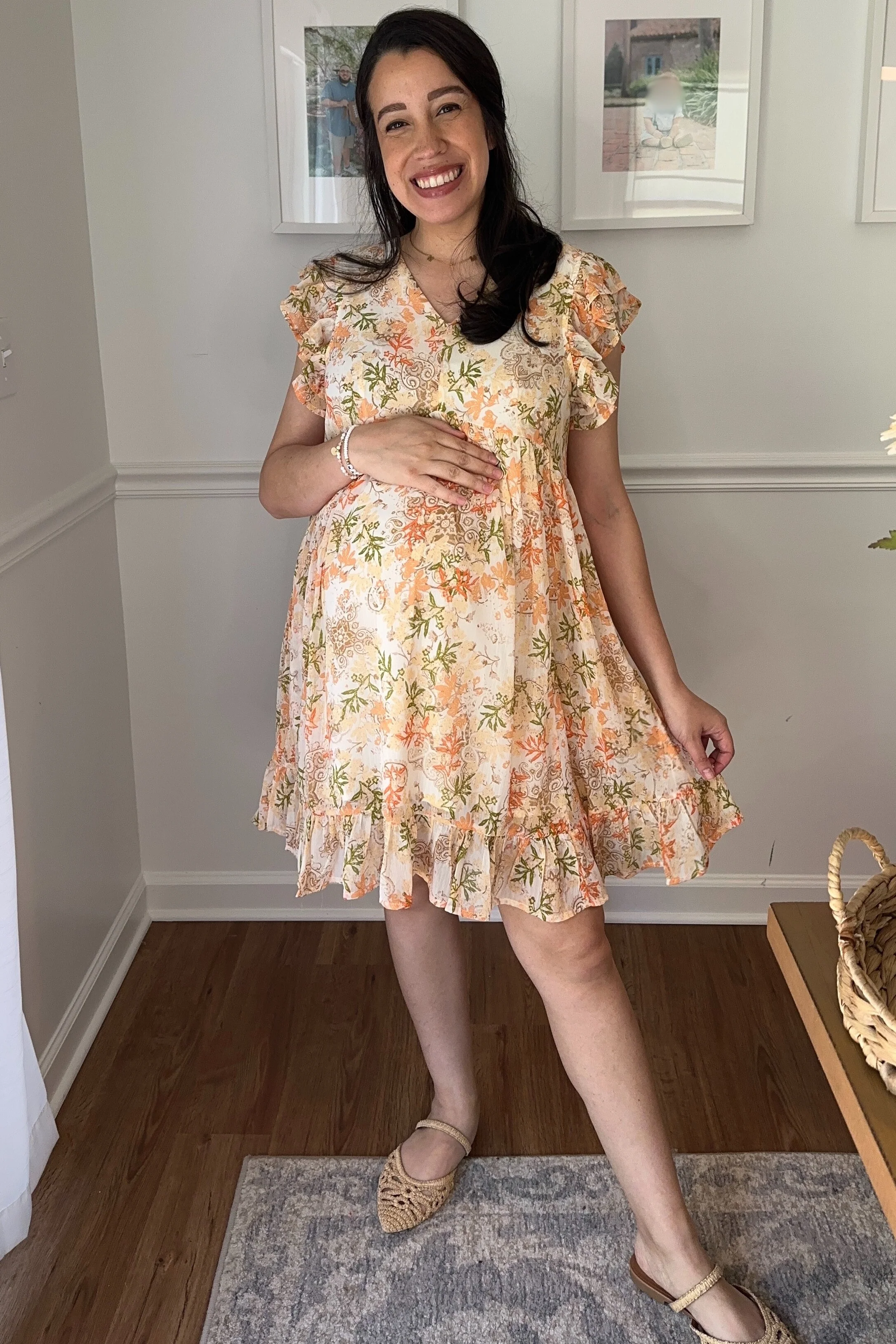 Orange Floral Chiffon Ruffle Short Sleeve Maternity Dress - Image 5