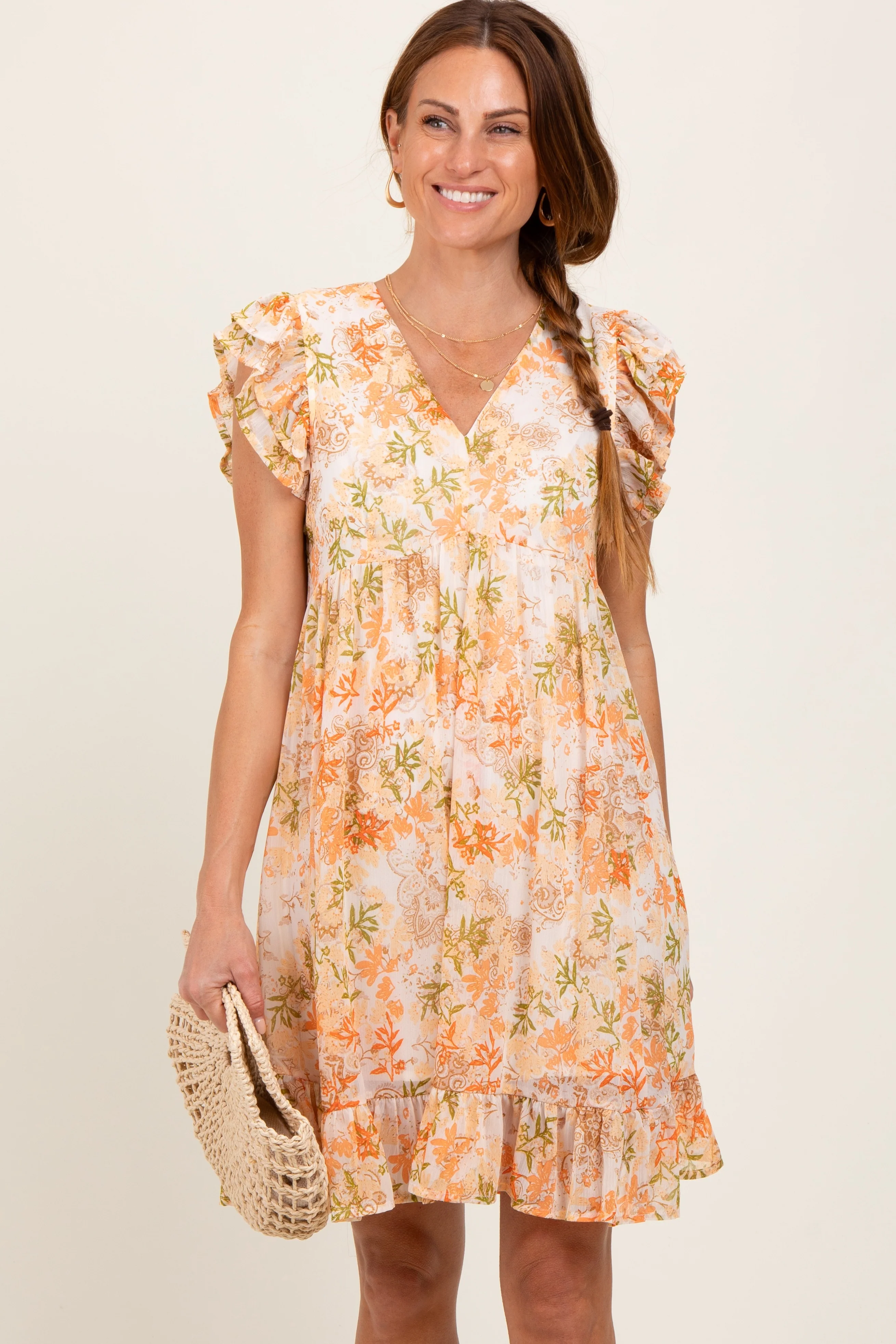 Orange Floral Chiffon Ruffle Short Sleeve Maternity Dress - Image 6