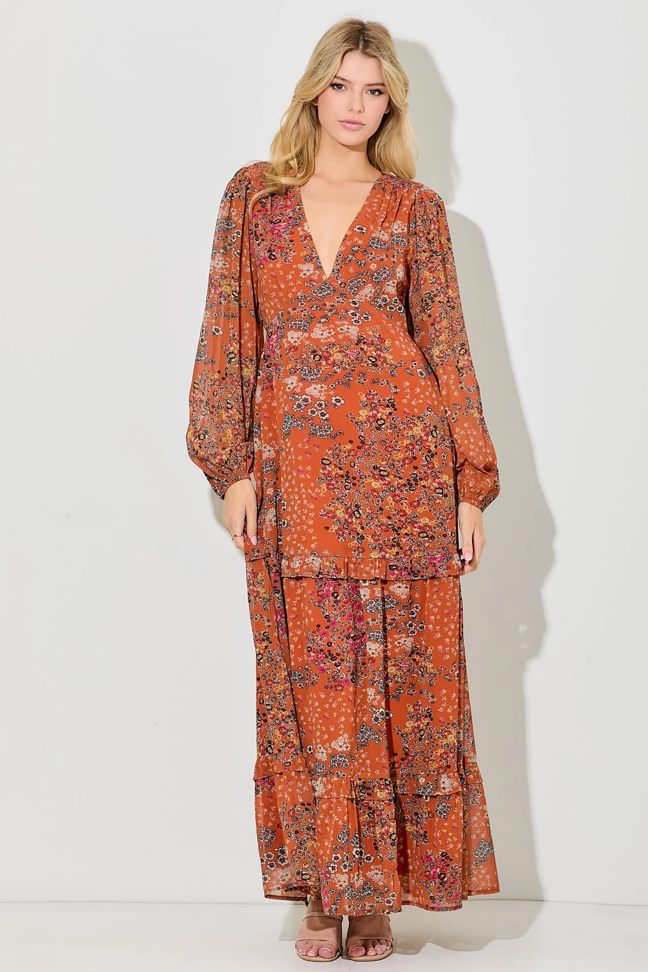 Orange Floral Chiffon V-Neck Long Sleeve Maternity Maxi Dress - Image 4
