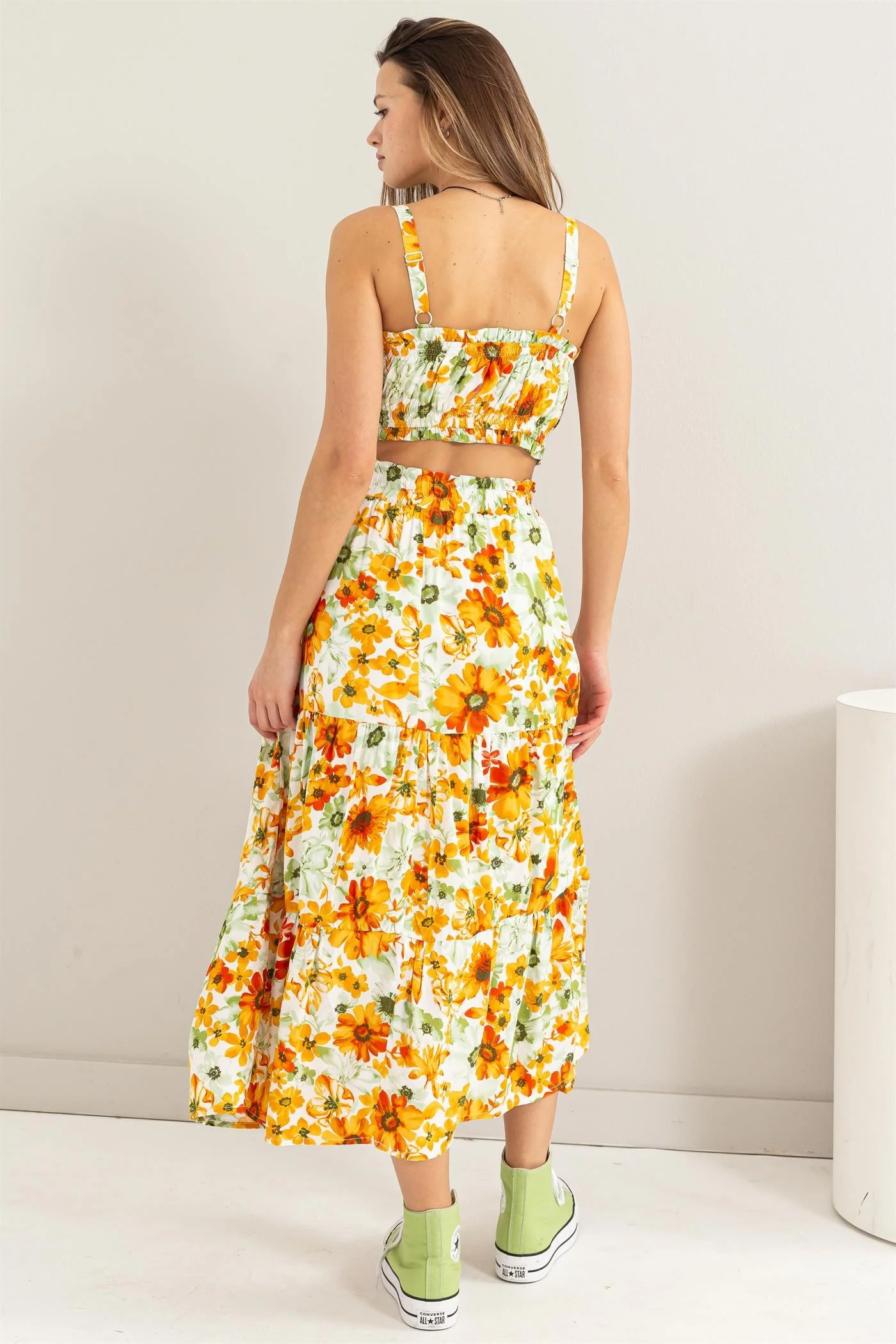 Orange Floral Print Crop Top And Skirt Set - Image 3