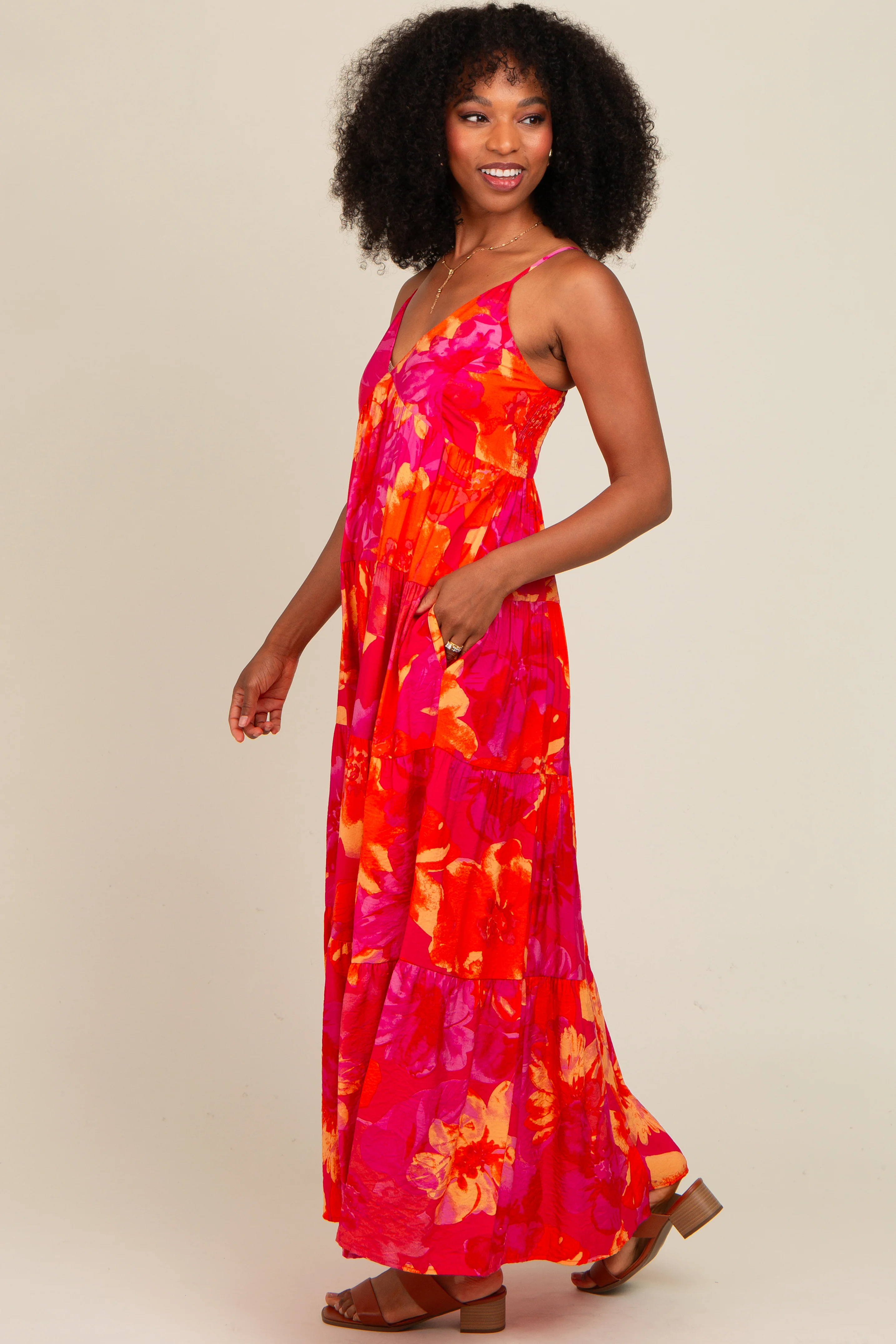 Orange Floral Print Tiered Dress - Image 3