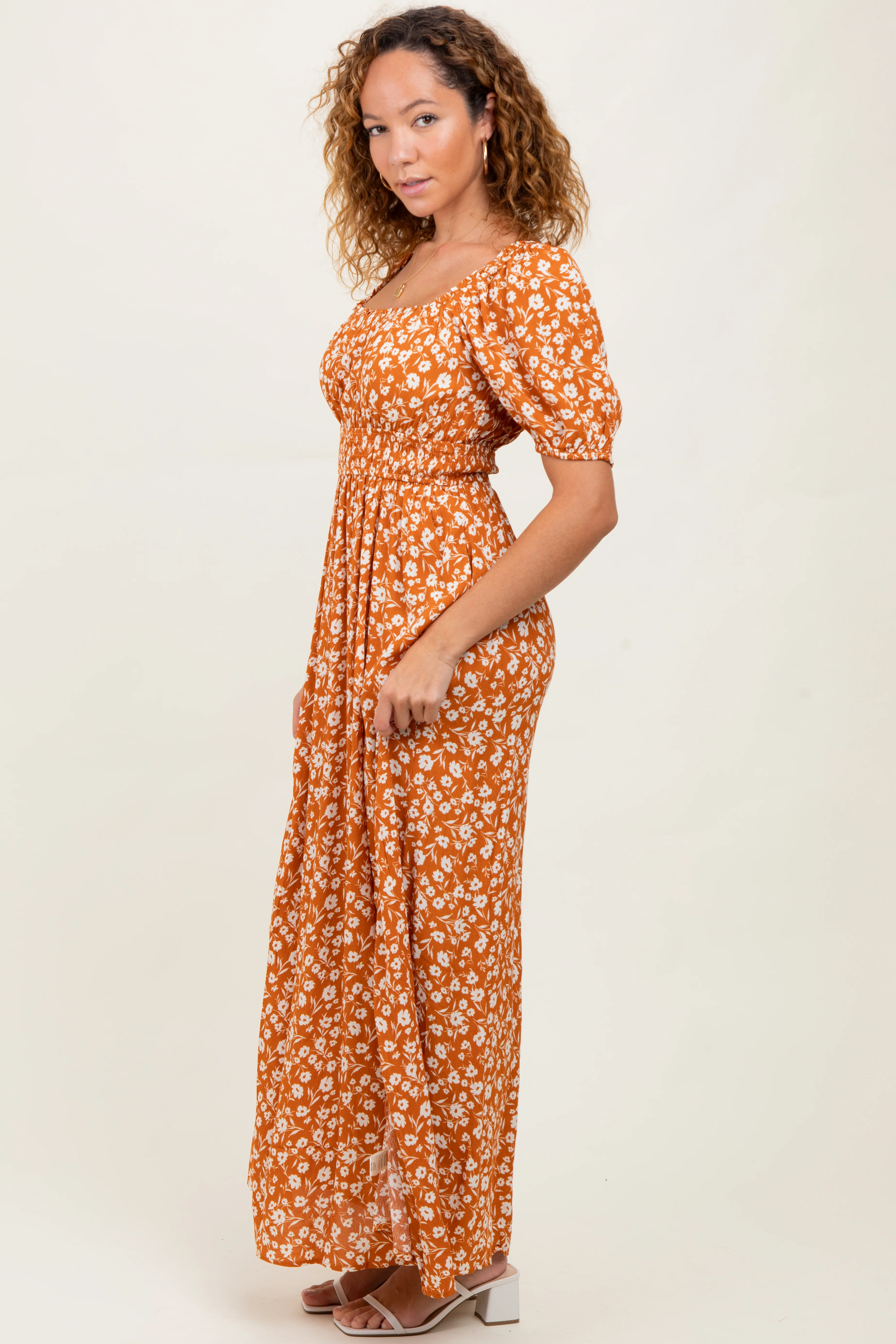 Orange Floral Puff Sleeve Side Slit Midi Dress - Image 3