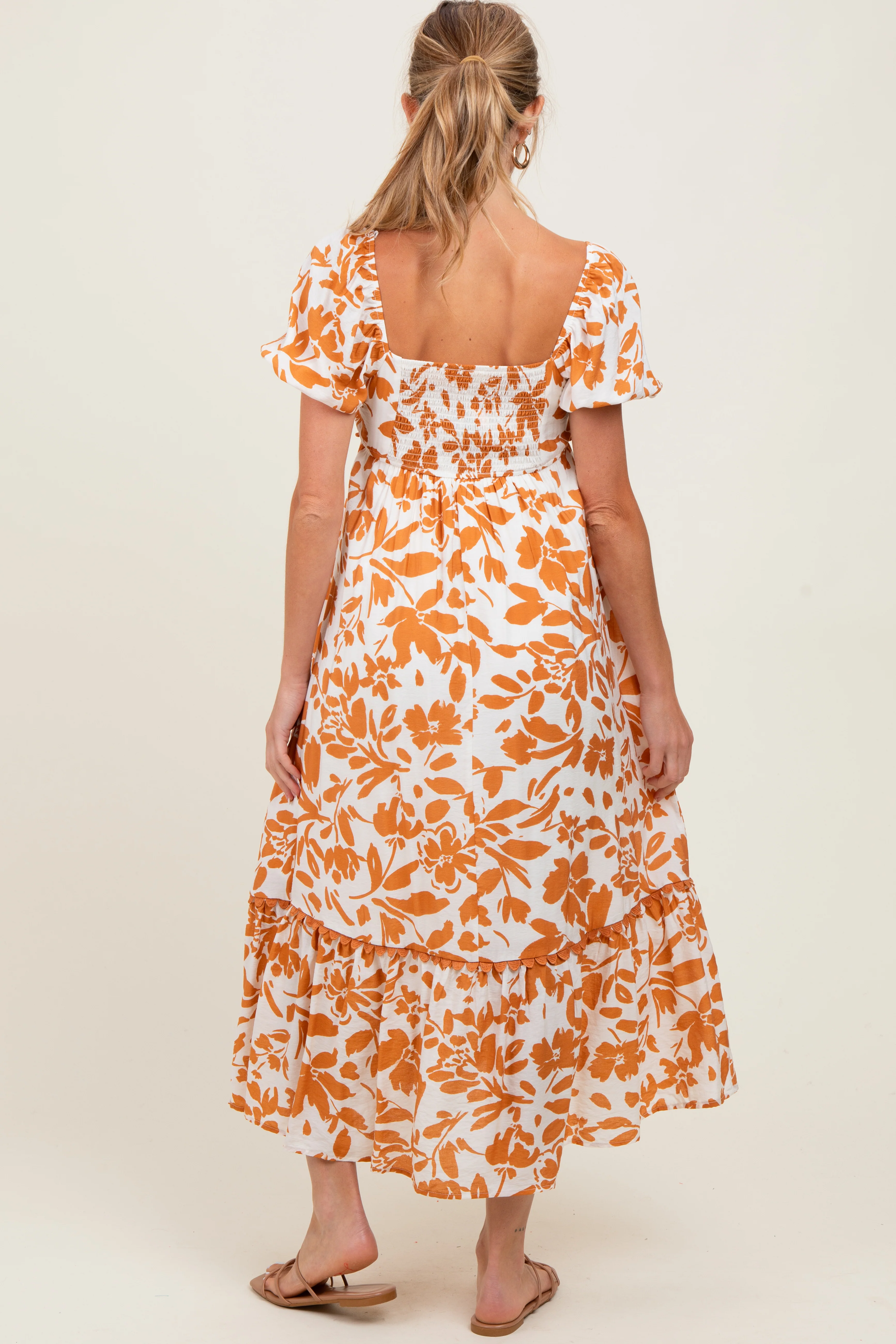 Orange Floral Scallop Trim Puff Sleeve Maternity Midi Dress - Image 4