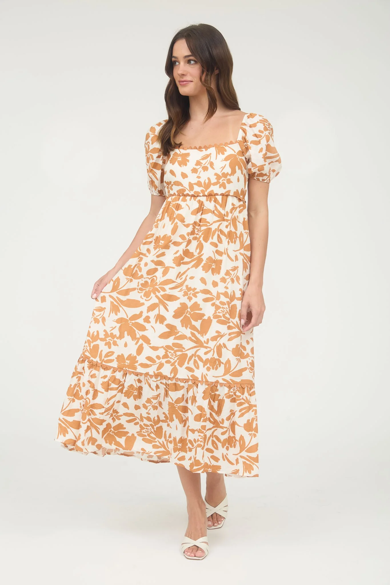 Orange Floral Scallop Trim Puff Sleeve Maternity Midi Dress - Image 5