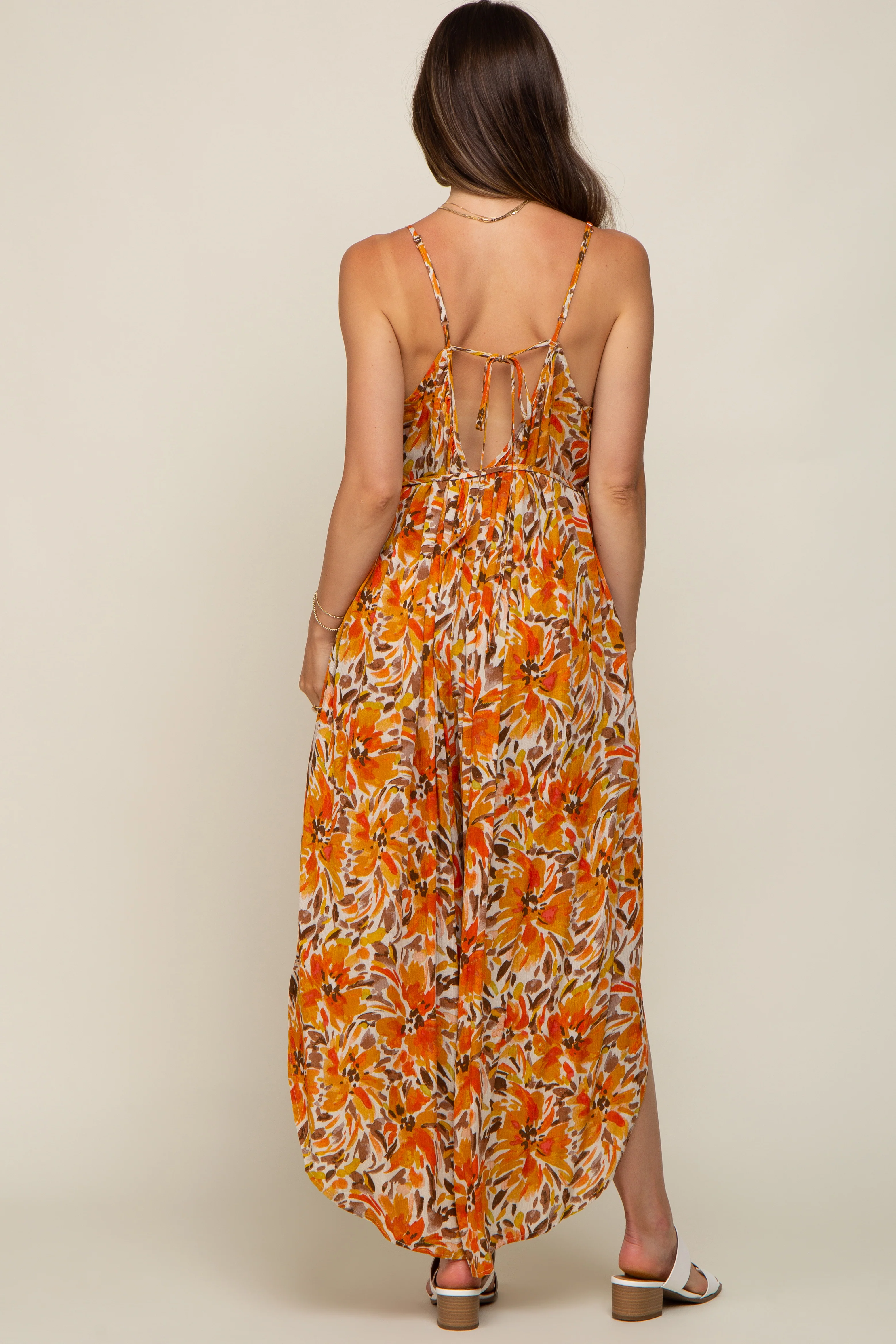 Orange Floral Sleeveless Maternity Jumpsuit - Image 4
